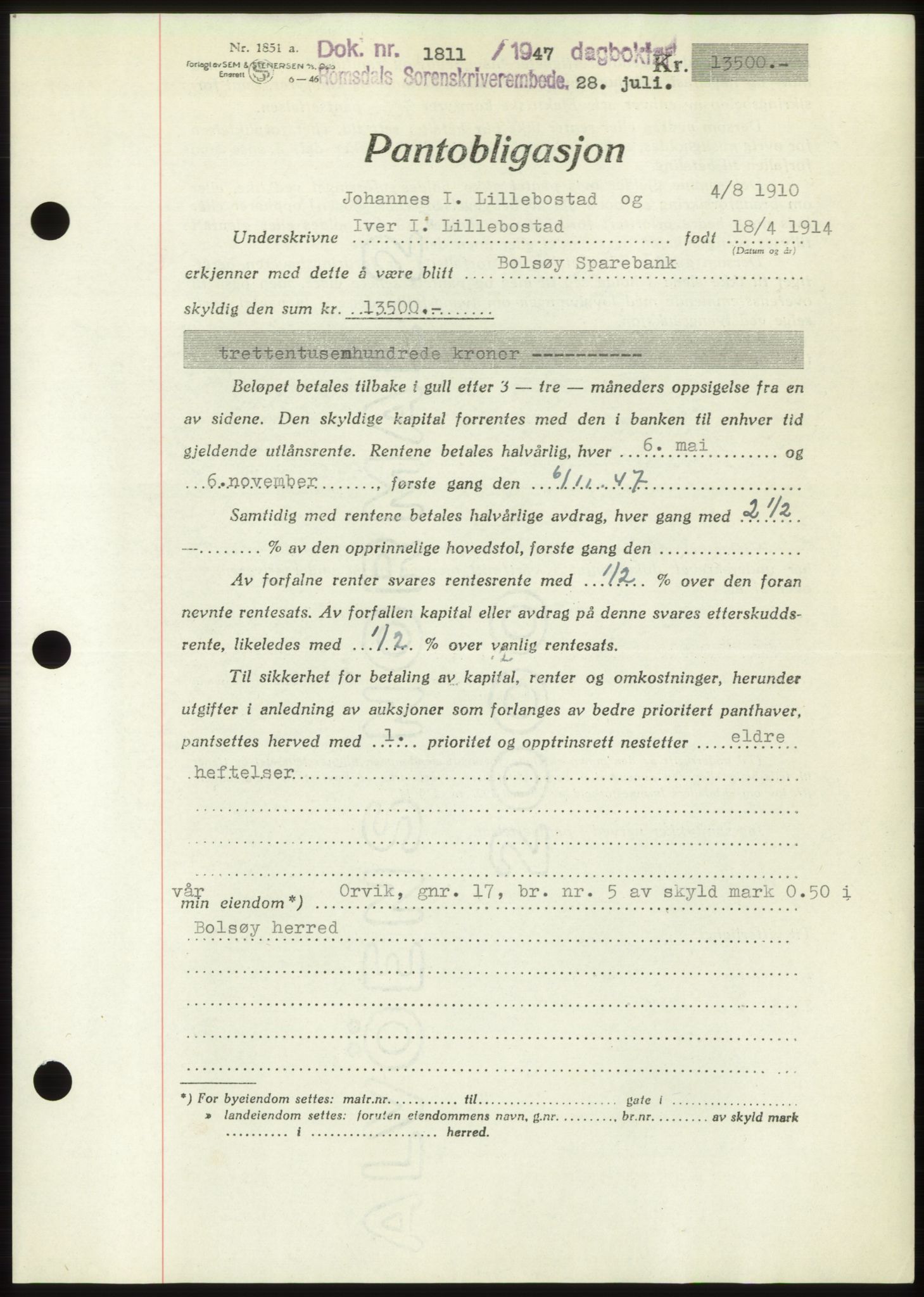 Romsdal sorenskriveri, AV/SAT-A-4149/1/2/2C: Mortgage book no. B3, 1946-1948, Diary no: : 1811/1947