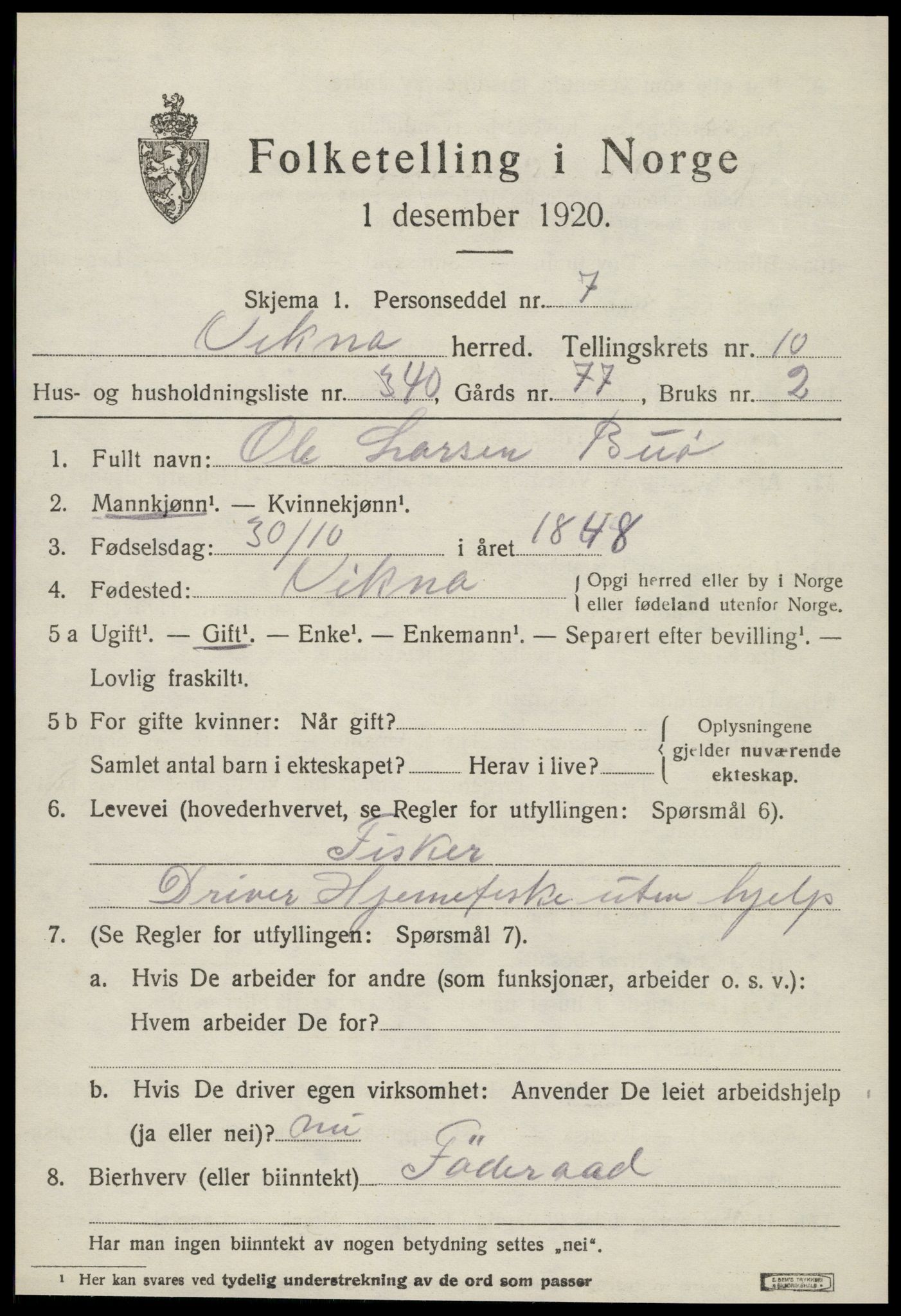 SAT, 1920 census for Vikna, 1920, p. 7299