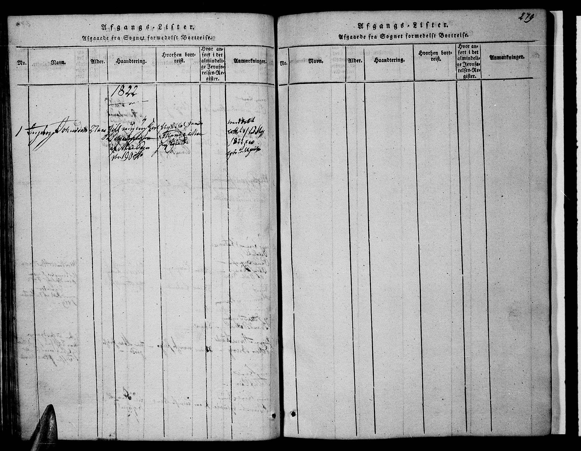 Valle sokneprestkontor, AV/SAK-1111-0044/F/Fb/Fbc/L0001: Parish register (copy) no. B 1 /1, 1816-1829, p. 279