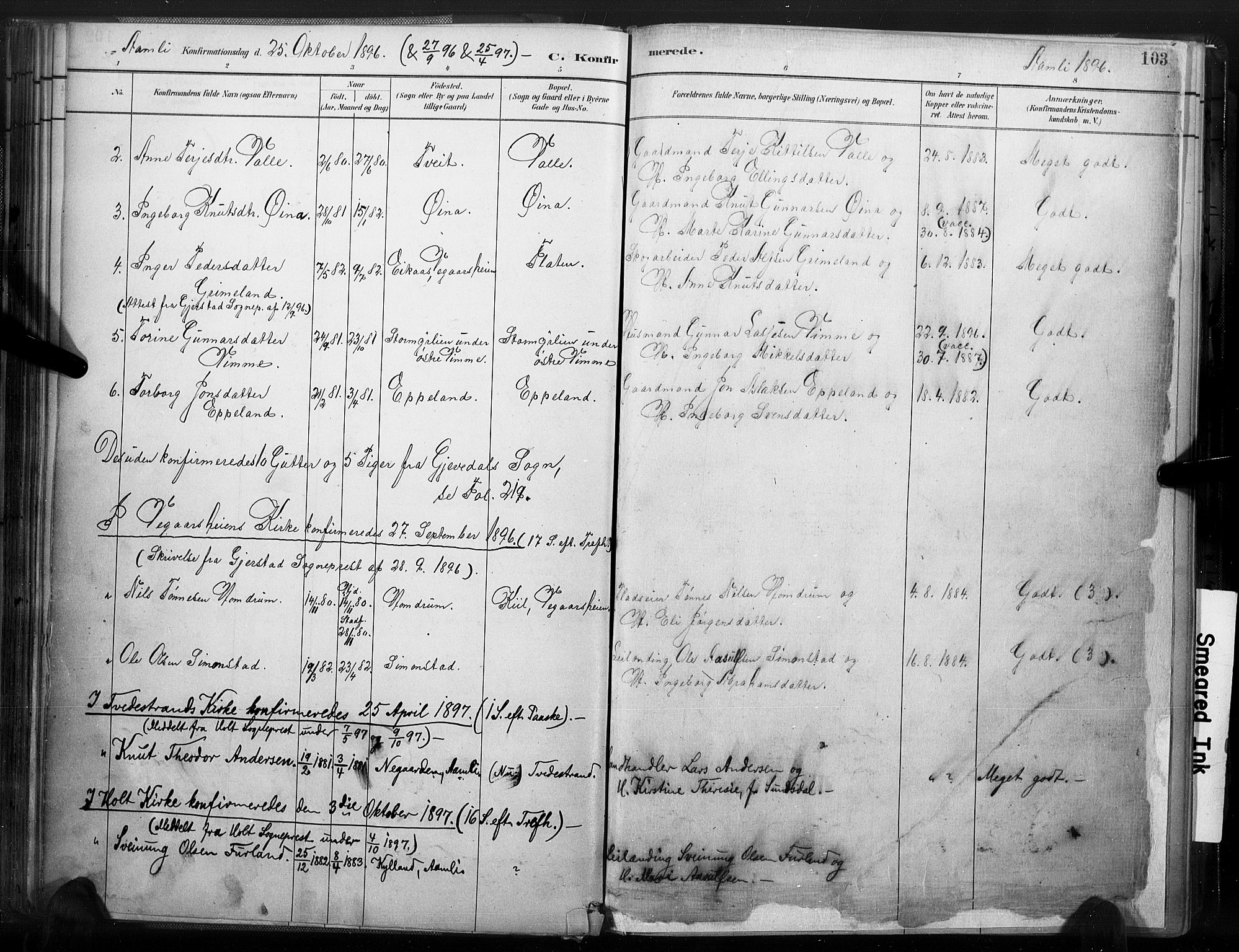 Åmli sokneprestkontor, SAK/1111-0050/F/Fa/Fac/L0010: Parish register (official) no. A 10 /1, 1885-1899, p. 103