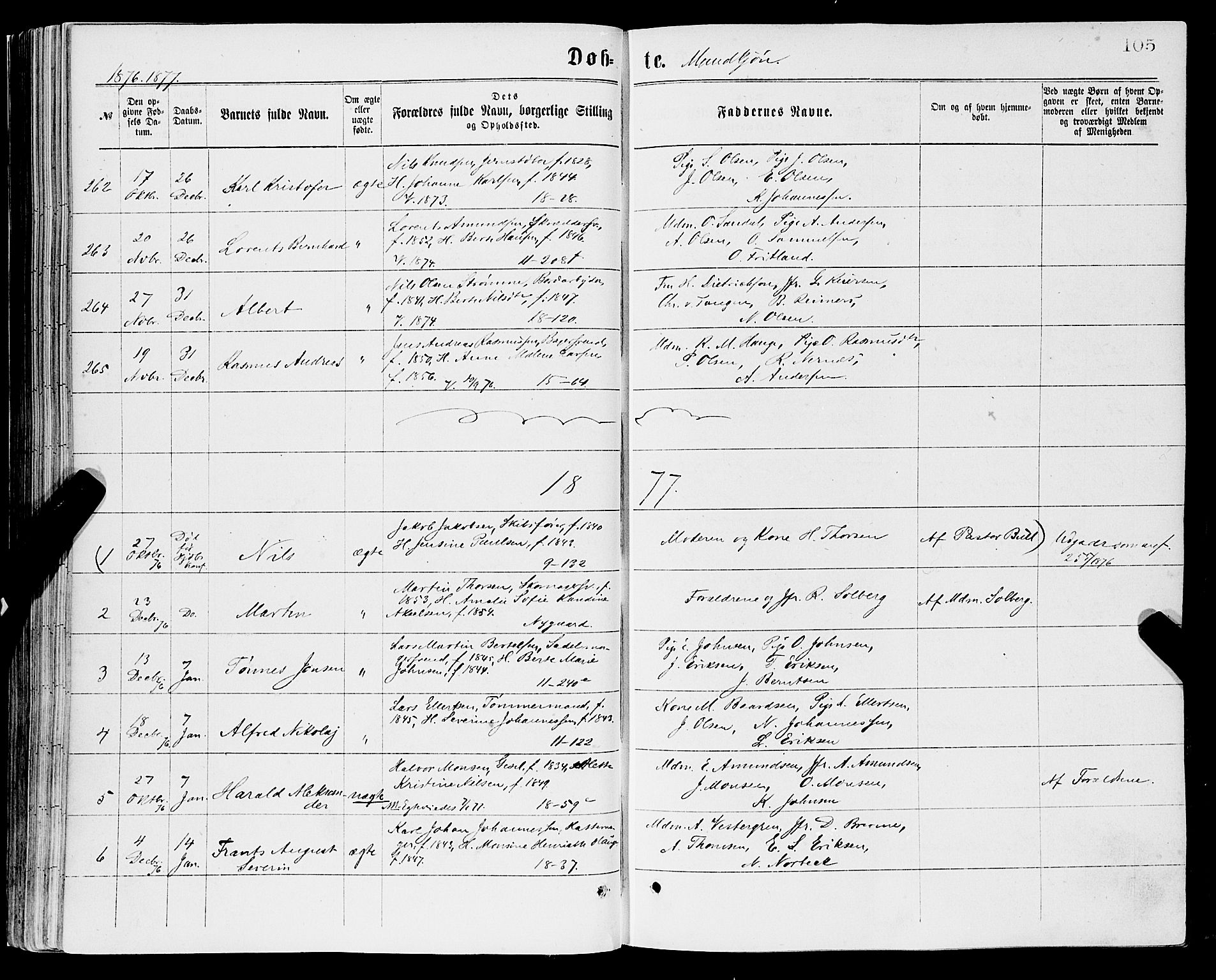 Domkirken sokneprestembete, SAB/A-74801/H/Haa/L0022: Parish register (official) no. B 5, 1872-1878, p. 105