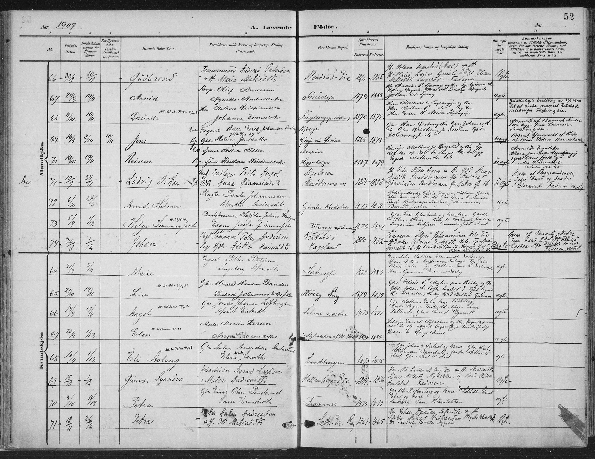 Ringsaker prestekontor, AV/SAH-PREST-014/K/Ka/L0018: Parish register (official) no. 18, 1903-1912, p. 52