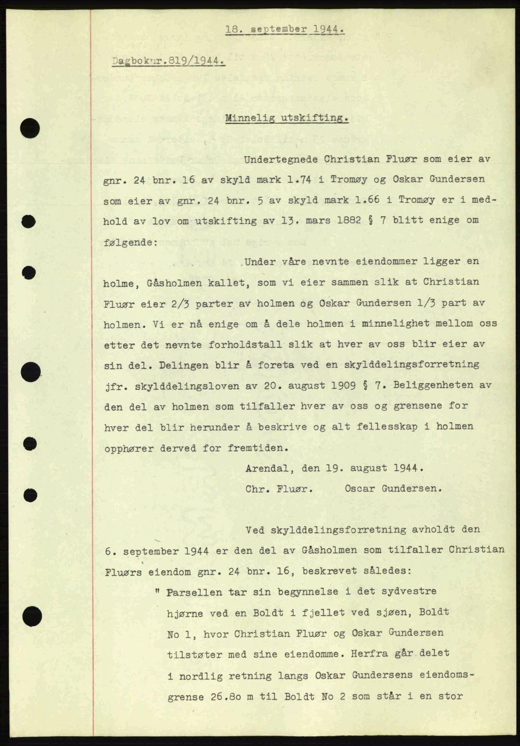 Nedenes sorenskriveri, SAK/1221-0006/G/Gb/Gba/L0052: Mortgage book no. A6a, 1944-1945, Diary no: : 819/1944