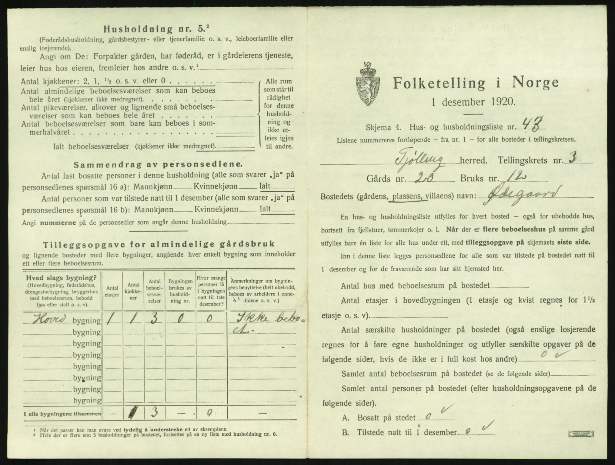 SAKO, 1920 census for Tjølling, 1920, p. 1051