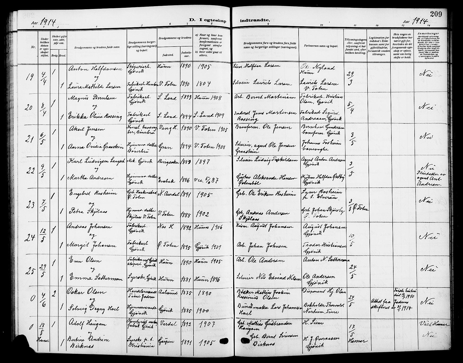 Vardal prestekontor, AV/SAH-PREST-100/H/Ha/Hab/L0014: Parish register (copy) no. 14, 1911-1922, p. 209