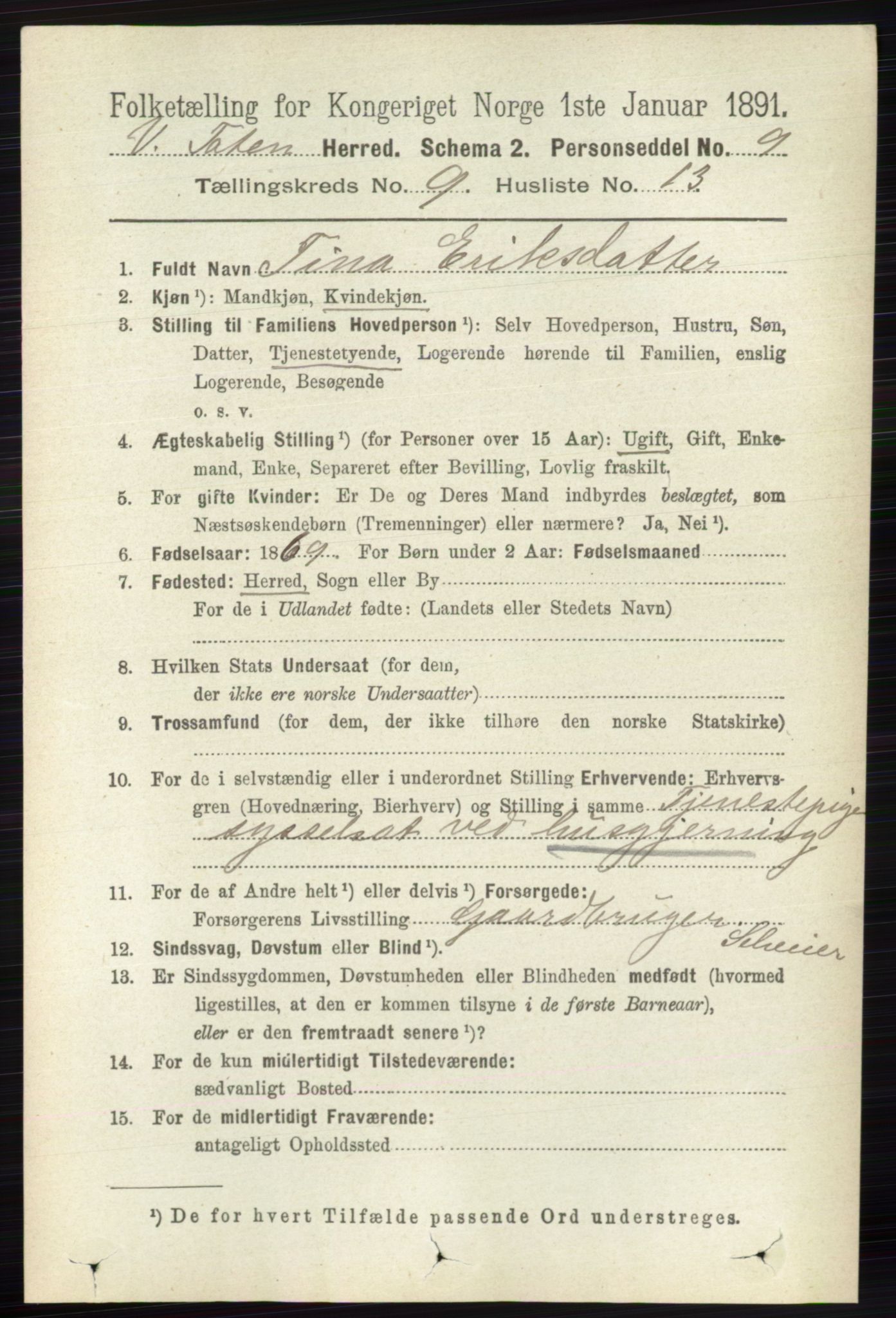 RA, 1891 census for 0529 Vestre Toten, 1891, p. 5638