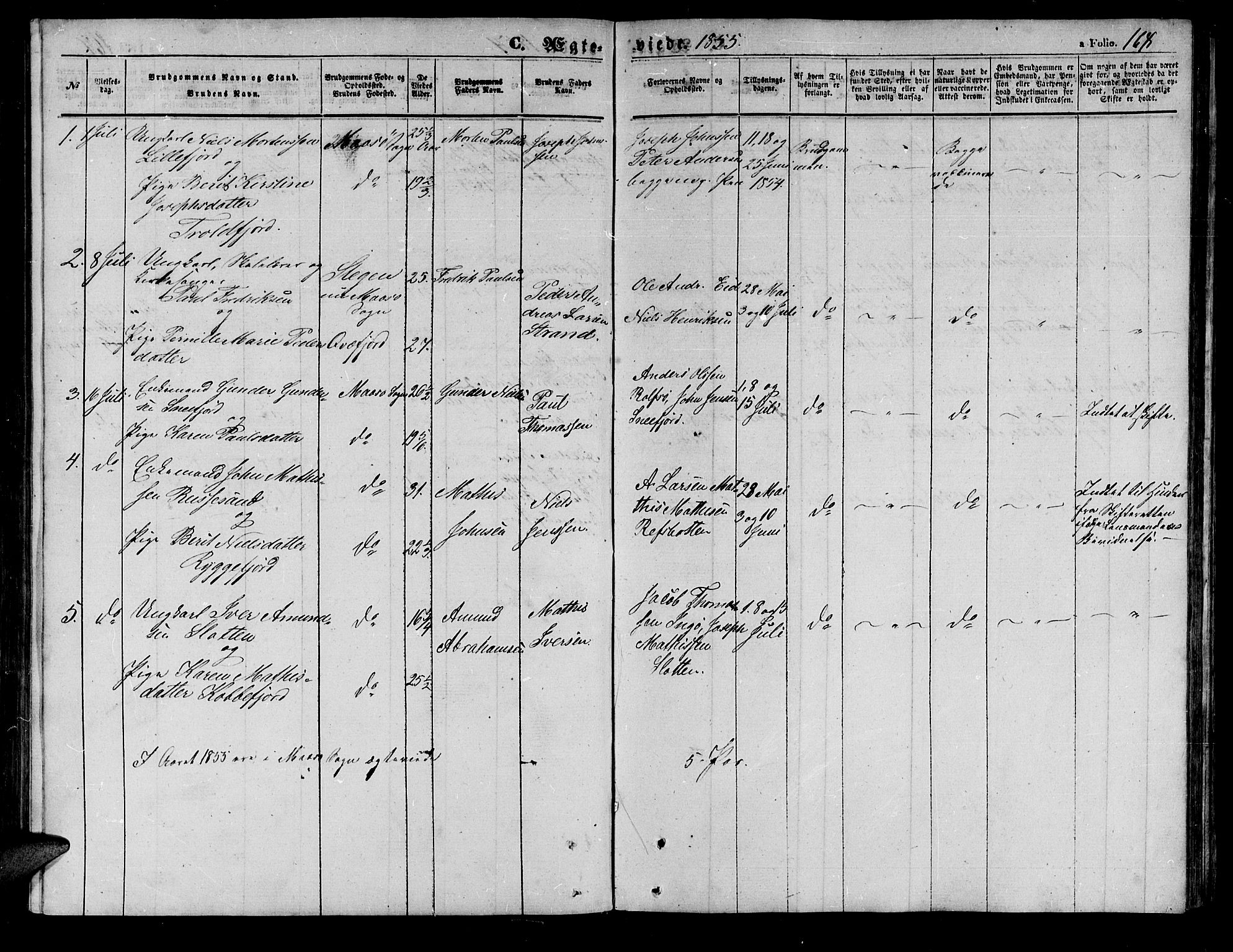 Måsøy sokneprestkontor, SATØ/S-1348/H/Hb/L0001klokker: Parish register (copy) no. 1, 1852-1877, p. 168