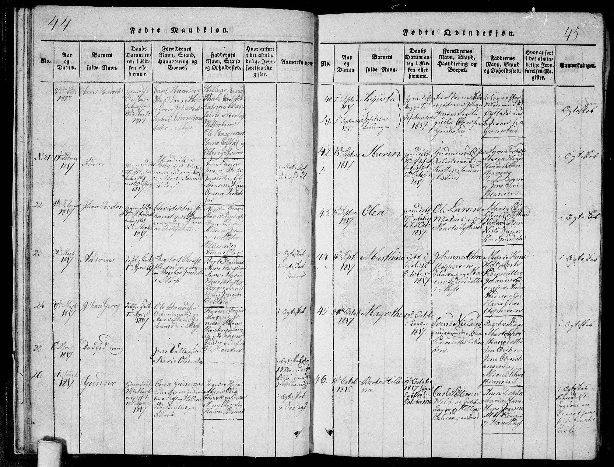 Moss prestekontor Kirkebøker, SAO/A-2003/F/Fa/L0005: Parish register (official) no. I 5, 1814-1828, p. 44-45