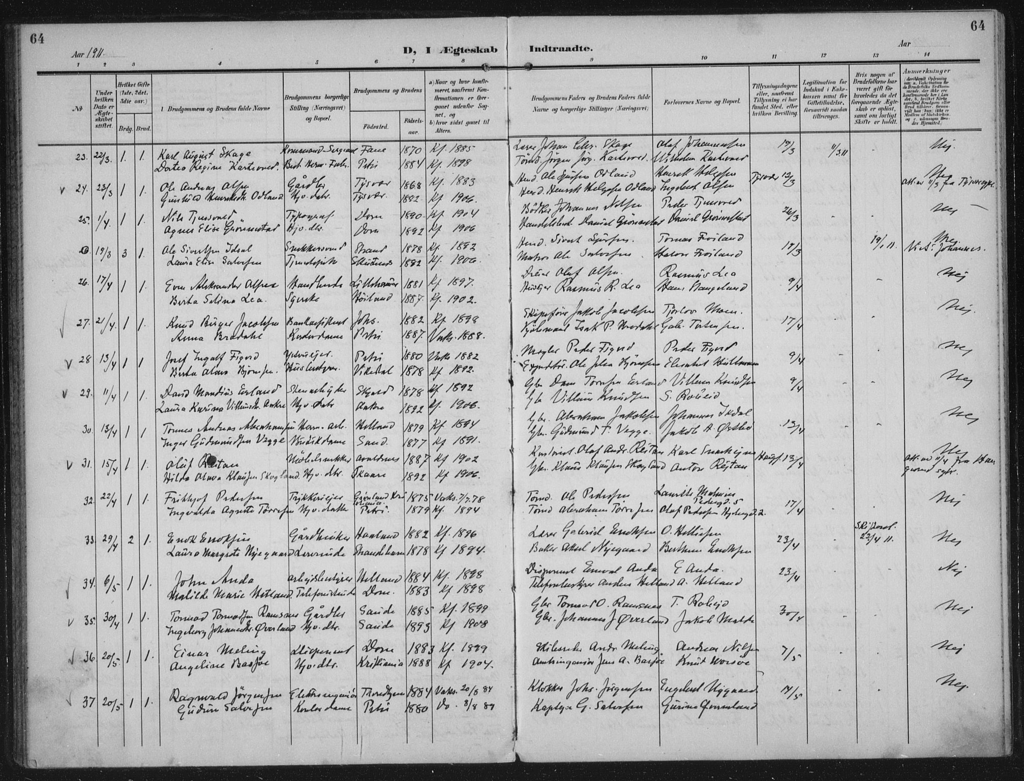 Domkirken sokneprestkontor, SAST/A-101812/002/A/L0016: Parish register (official) no. A 33, 1905-1922, p. 64