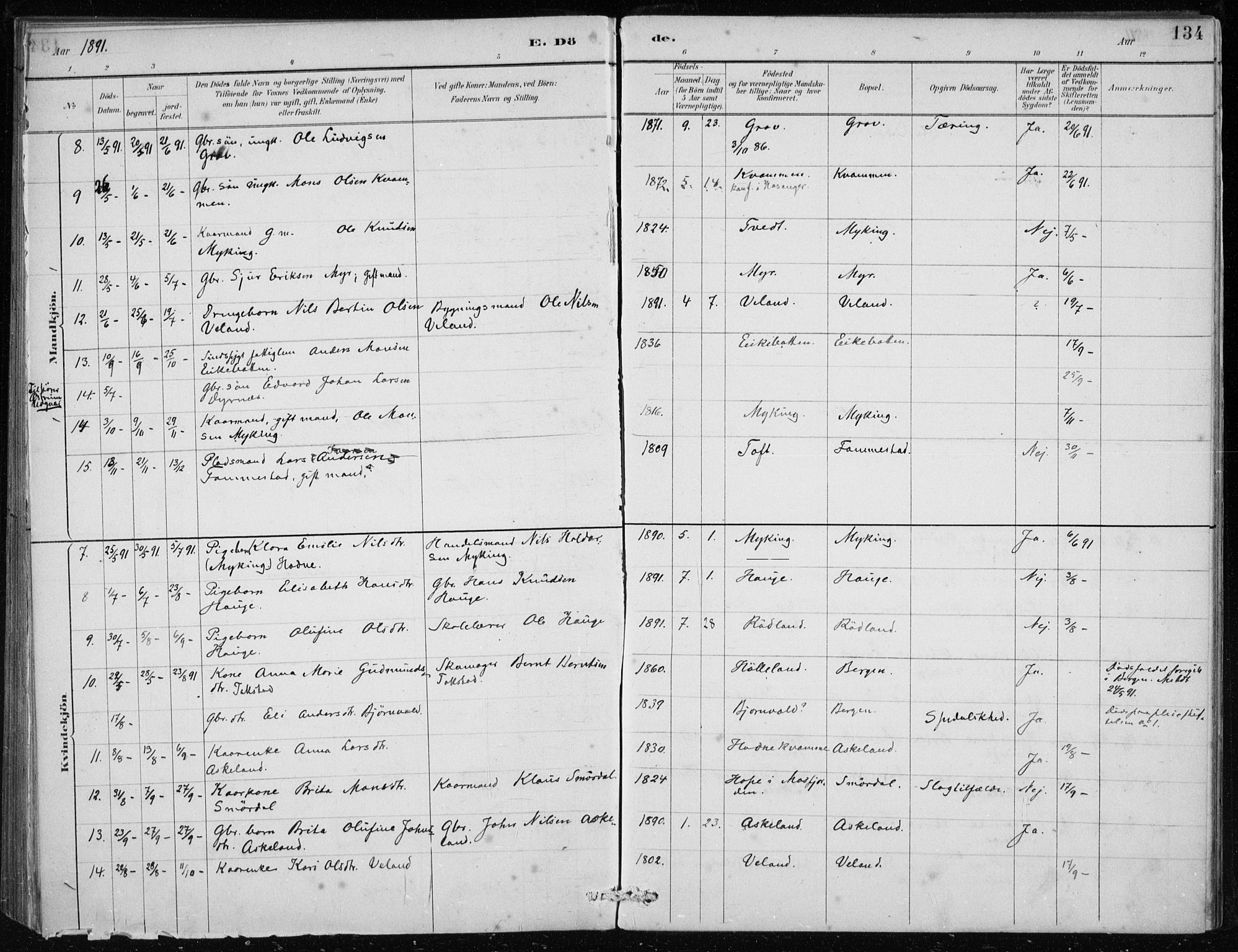 Lindås Sokneprestembete, AV/SAB-A-76701/H/Haa/Haaf/L0001: Parish register (official) no. F  1, 1886-1897, p. 134