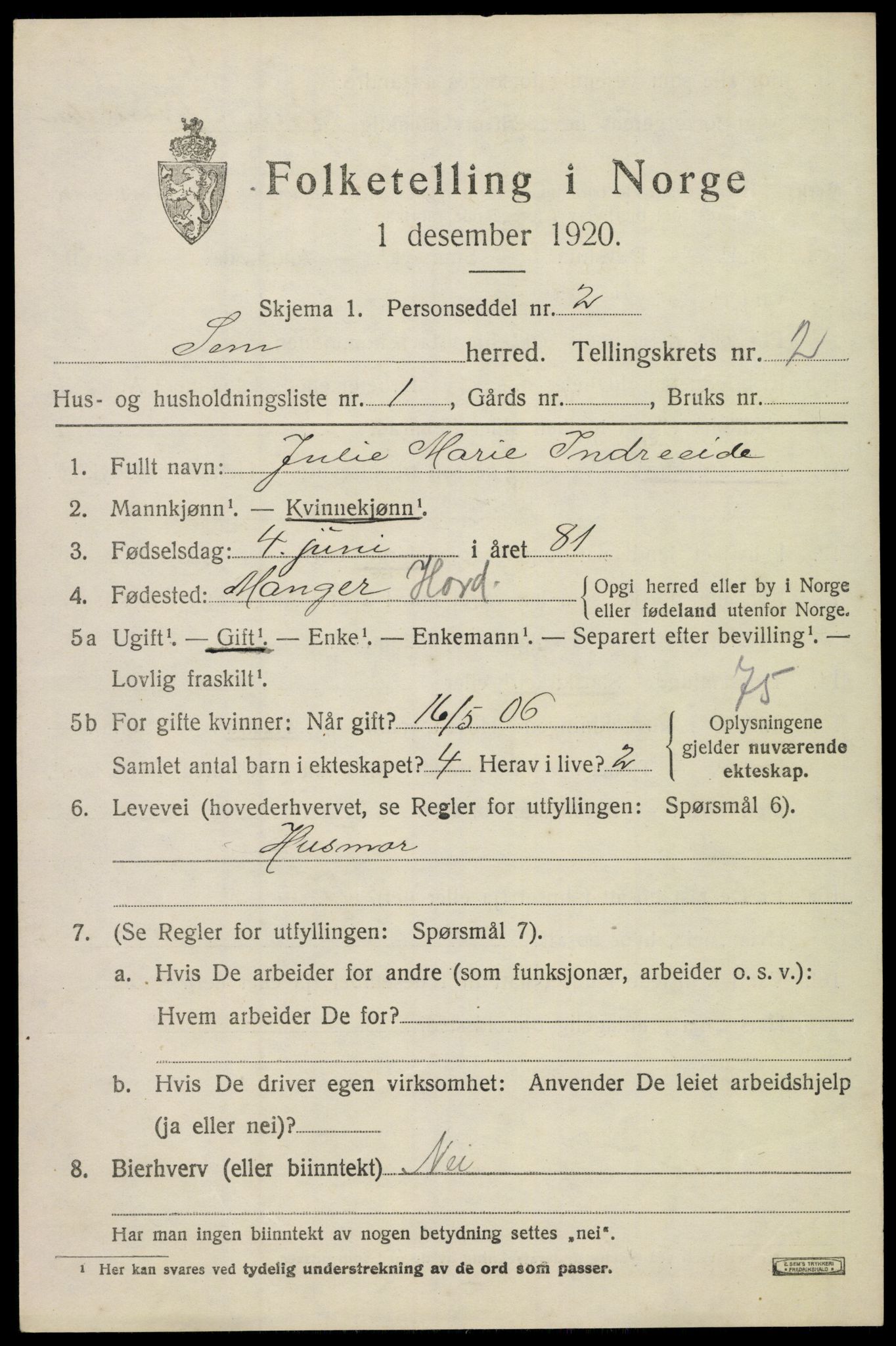 SAKO, 1920 census for Sem, 1920, p. 5263