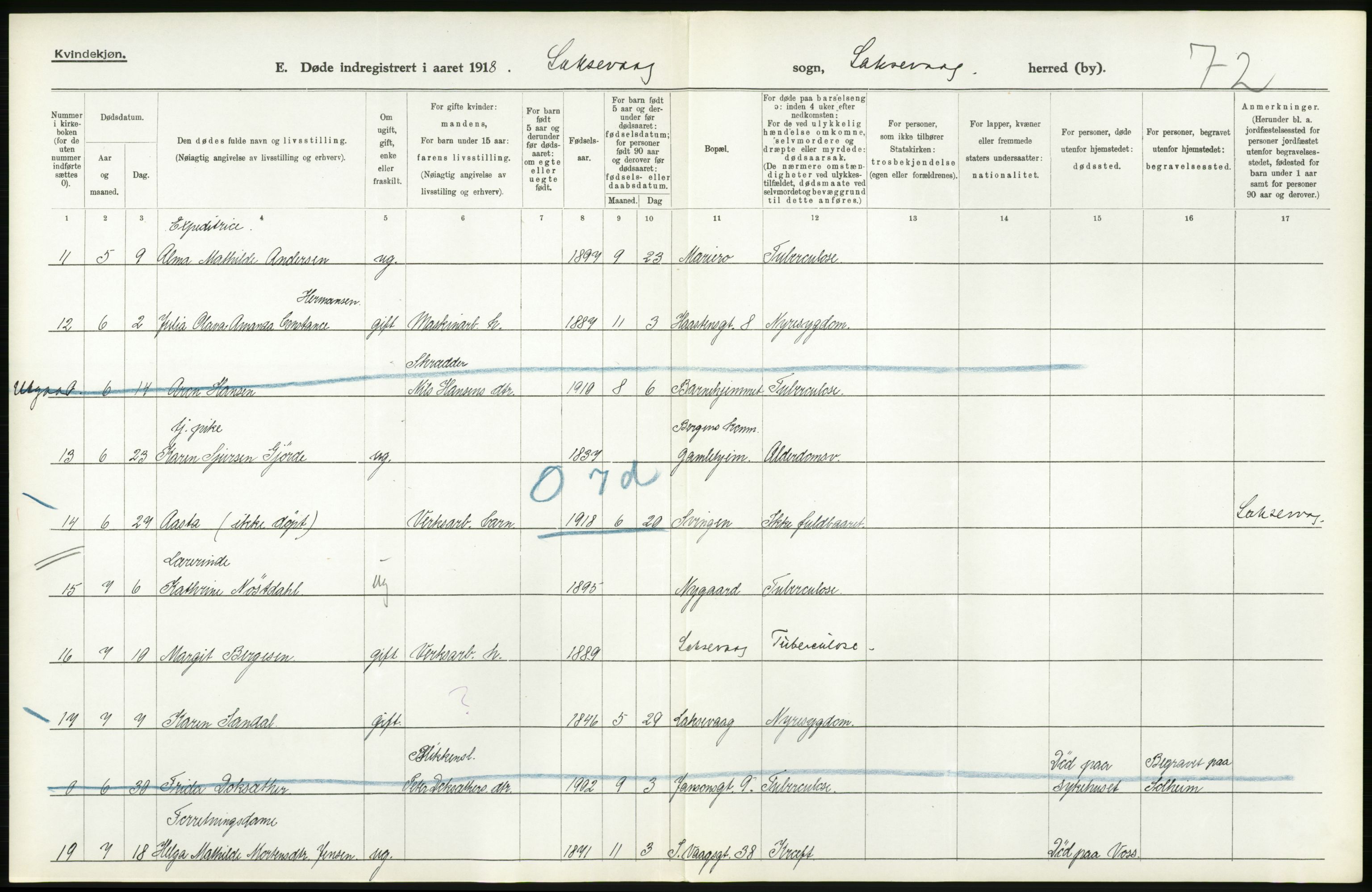 Statistisk sentralbyrå, Sosiodemografiske emner, Befolkning, RA/S-2228/D/Df/Dfb/Dfbh/L0036: Hordaland fylke: Døde., 1918, p. 518