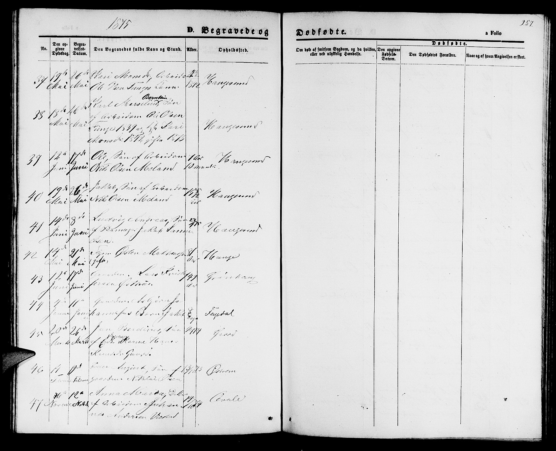 Haugesund sokneprestkontor, AV/SAST-A -101863/H/Ha/Hab/L0001: Parish register (copy) no. B 1, 1873-1881, p. 257