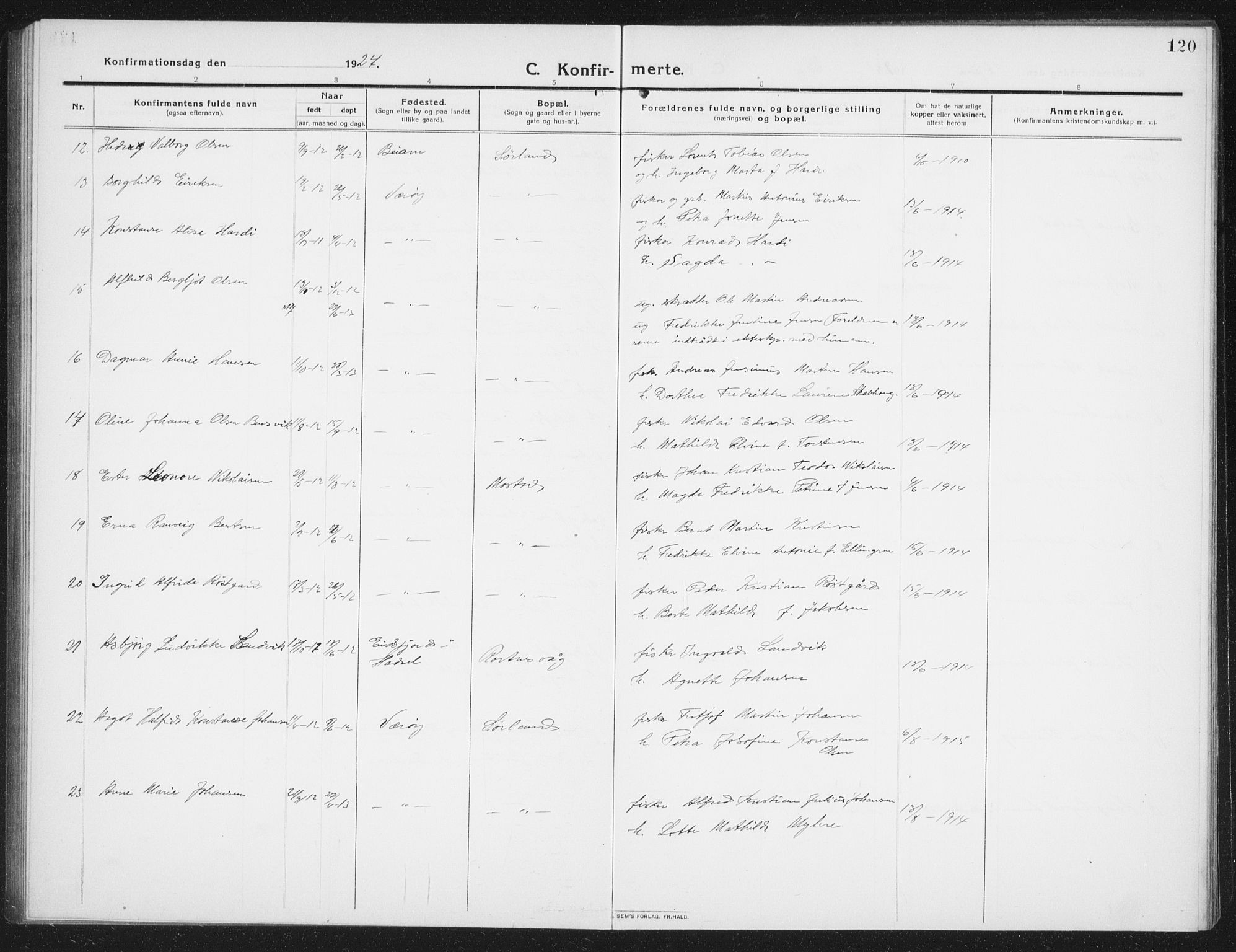 Ministerialprotokoller, klokkerbøker og fødselsregistre - Nordland, AV/SAT-A-1459/807/L0124: Parish register (copy) no. 807C02, 1910-1935, p. 120