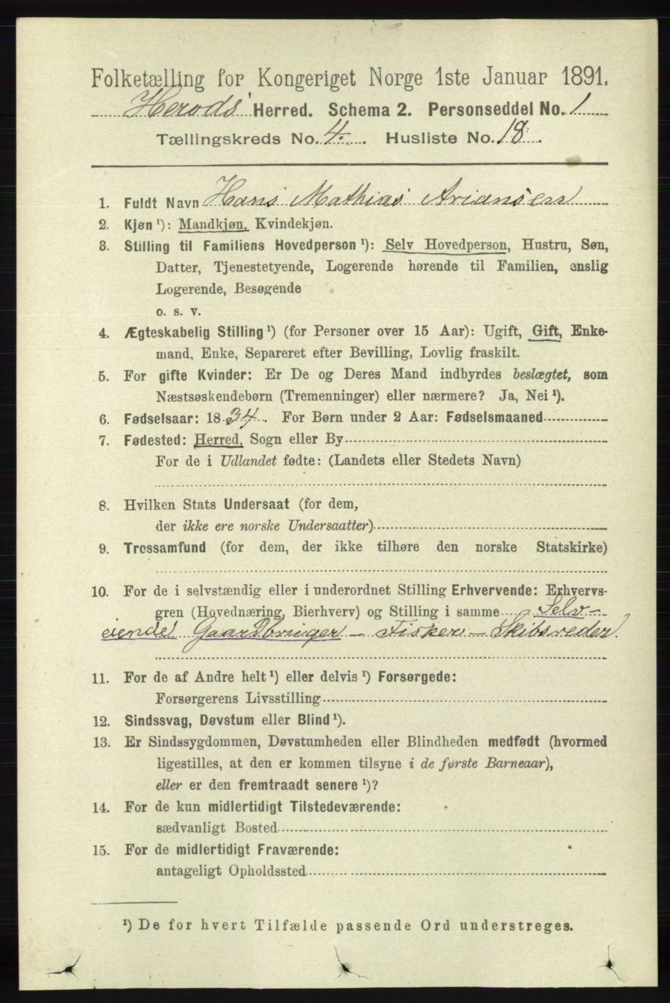 RA, 1891 census for 1039 Herad, 1891, p. 1487