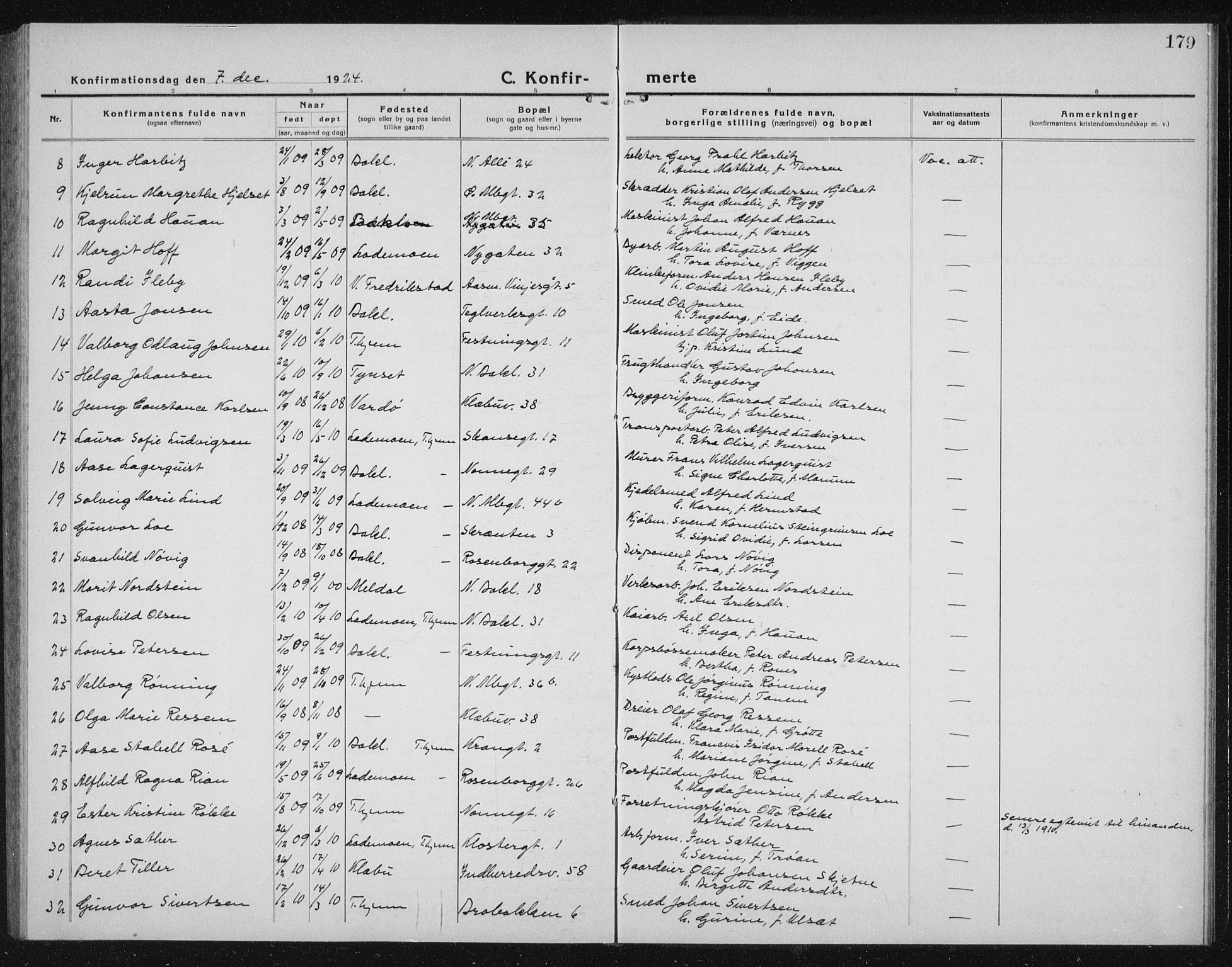 Ministerialprotokoller, klokkerbøker og fødselsregistre - Sør-Trøndelag, SAT/A-1456/604/L0227: Parish register (copy) no. 604C10, 1923-1942, p. 179