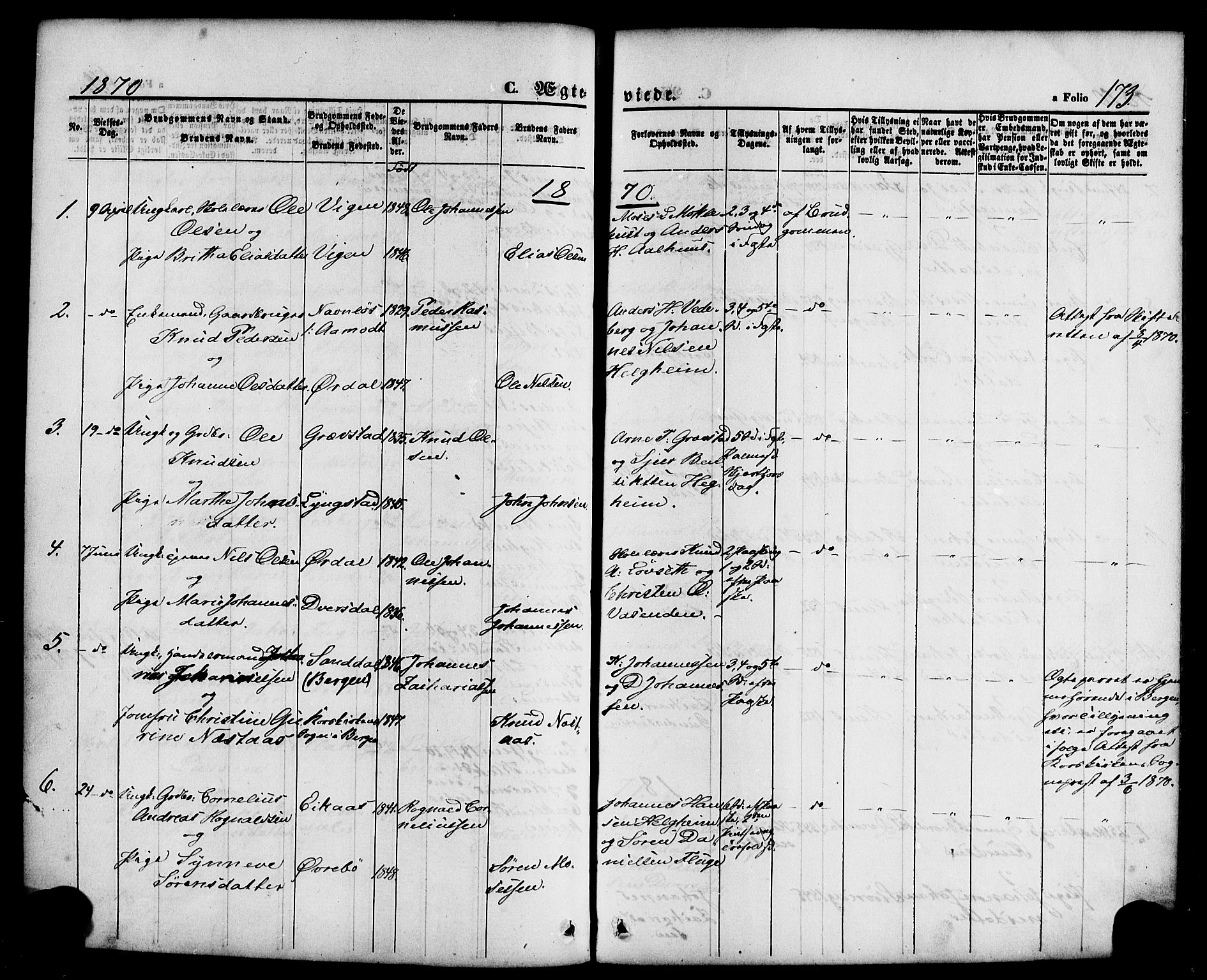 Jølster sokneprestembete, SAB/A-80701/H/Haa/Haaa/L0011: Parish register (official) no. A 11, 1866-1881, p. 173