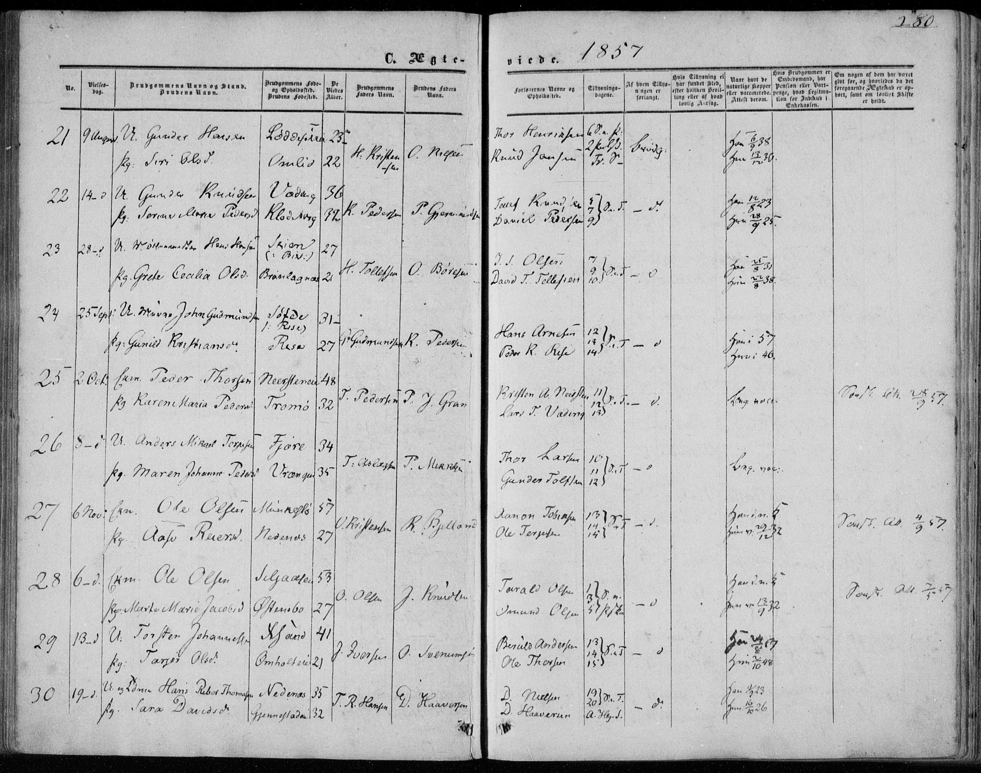 Øyestad sokneprestkontor, SAK/1111-0049/F/Fa/L0015: Parish register (official) no. A 15, 1857-1873, p. 280