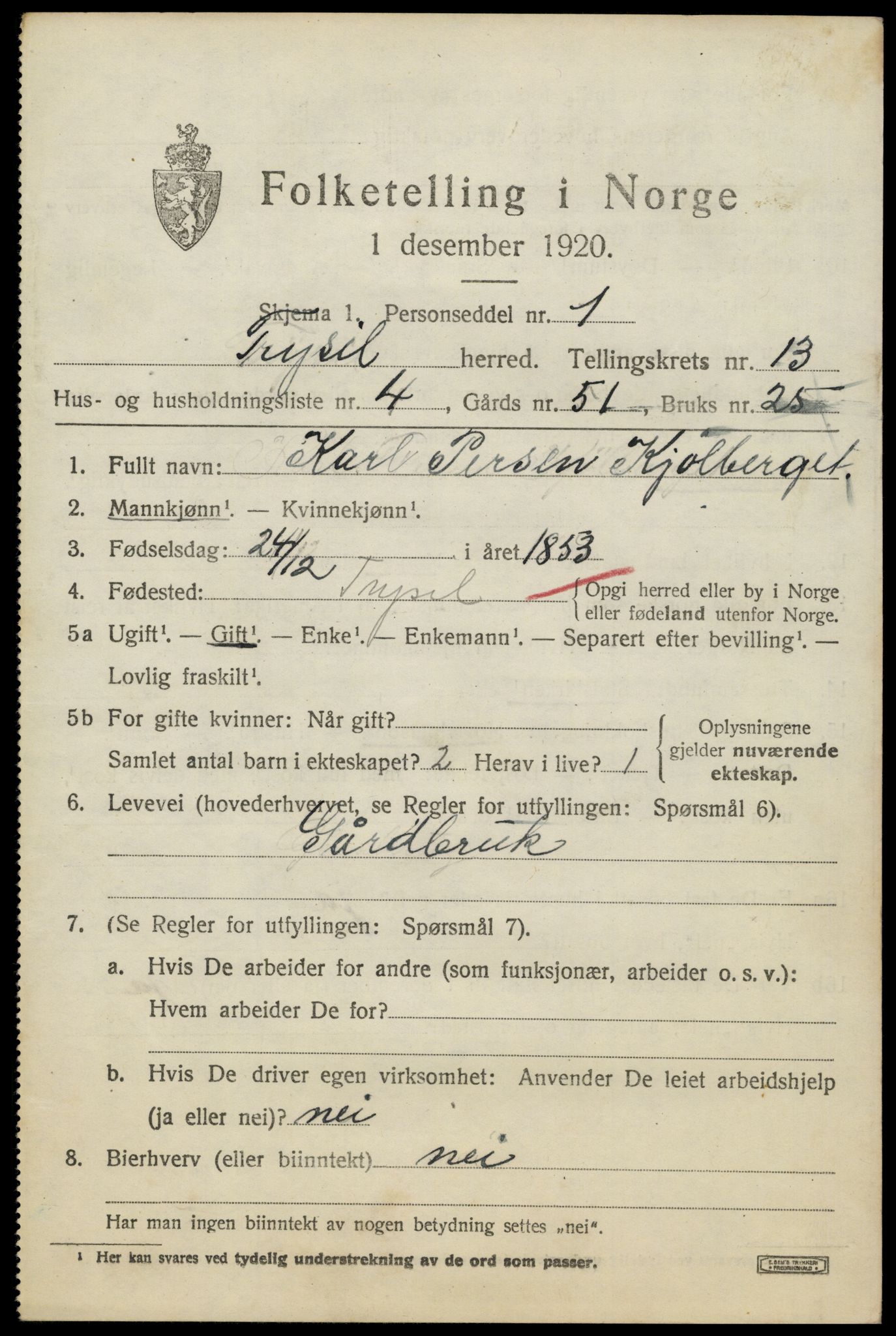 SAH, 1920 census for Trysil, 1920, p. 7657