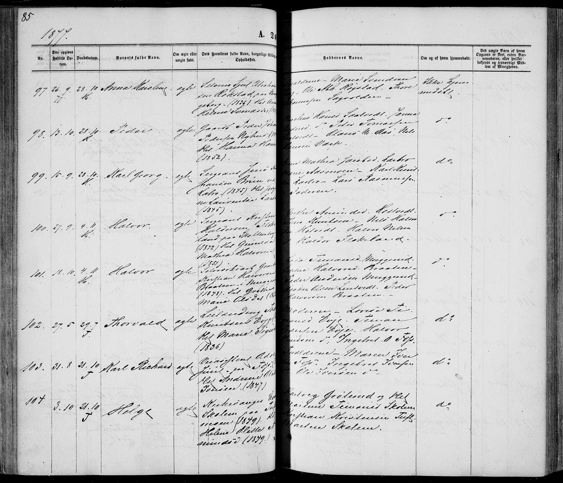 Sandsvær kirkebøker, SAKO/A-244/F/Fa/L0007: Parish register (official) no. I 7, 1869-1877, p. 85