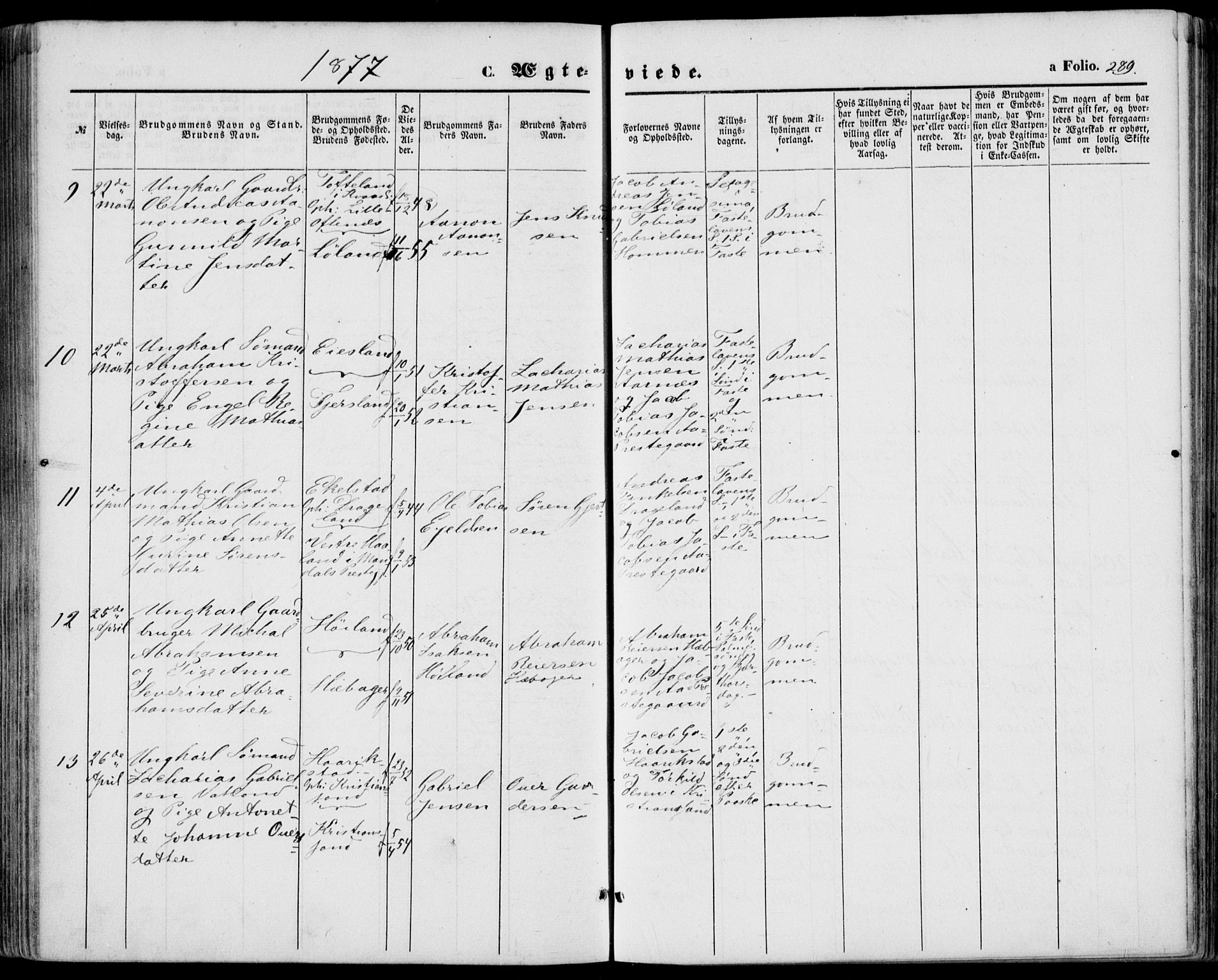 Lyngdal sokneprestkontor, AV/SAK-1111-0029/F/Fa/Fac/L0010: Parish register (official) no. A 10, 1865-1878, p. 289