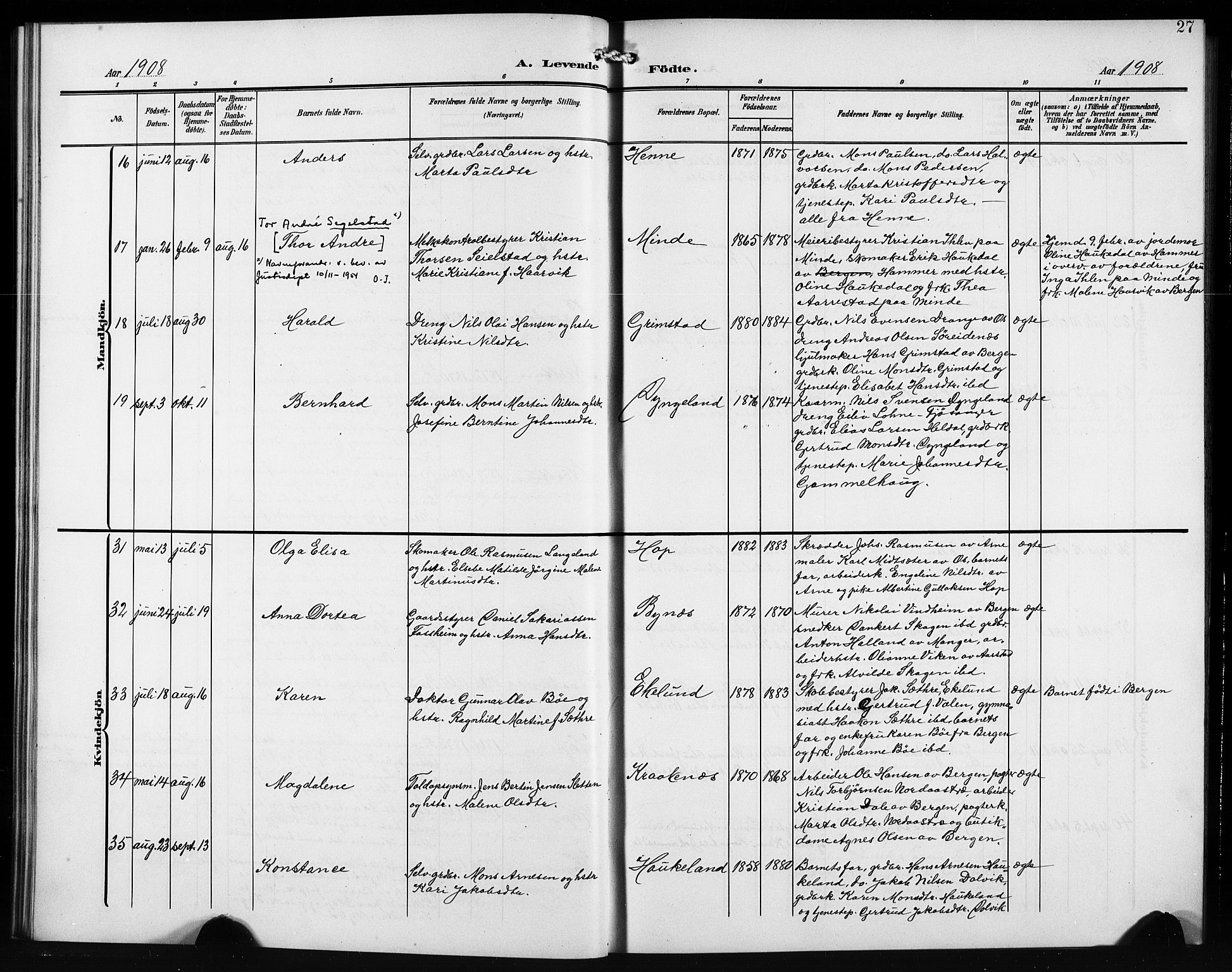 Birkeland Sokneprestembete, SAB/A-74601/H/Hab: Parish register (copy) no. A 6, 1906-1915, p. 27