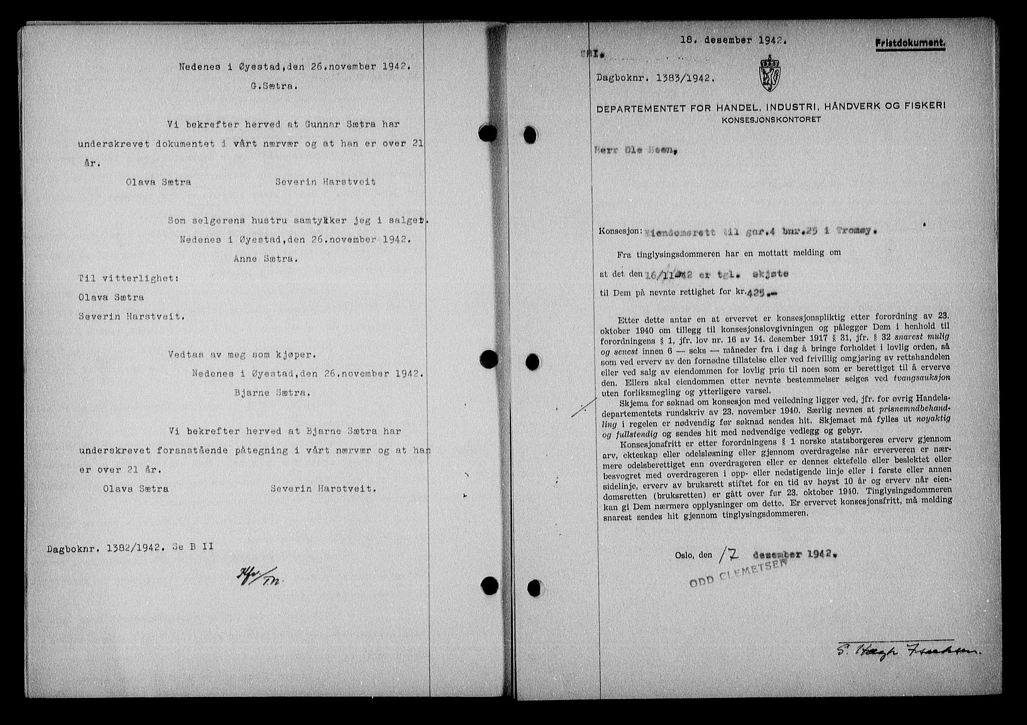 Nedenes sorenskriveri, SAK/1221-0006/G/Gb/Gba/L0050: Mortgage book no. A-IV, 1942-1943, Diary no: : 1383/1942