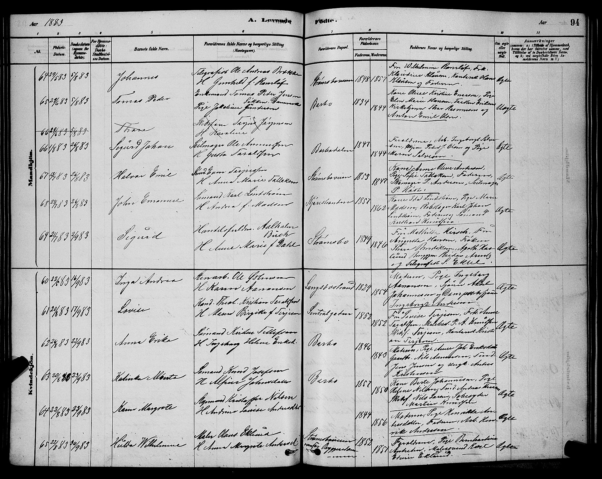 Barbu sokneprestkontor, AV/SAK-1111-0003/F/Fb/L0001: Parish register (copy) no. B 1, 1878-1890, p. 94