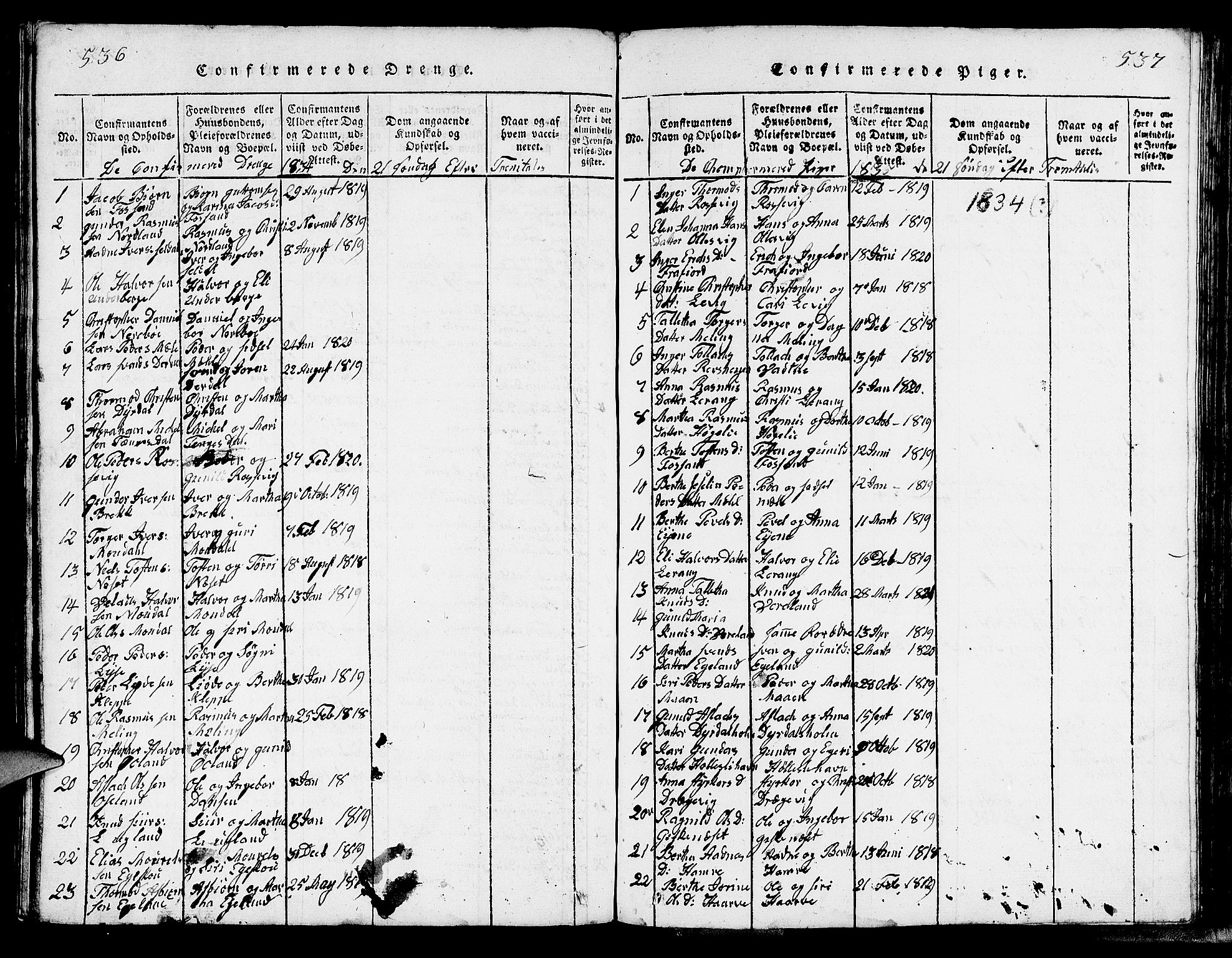 Strand sokneprestkontor, SAST/A-101828/H/Ha/Hab/L0002: Parish register (copy) no. B 2, 1816-1854, p. 536-537