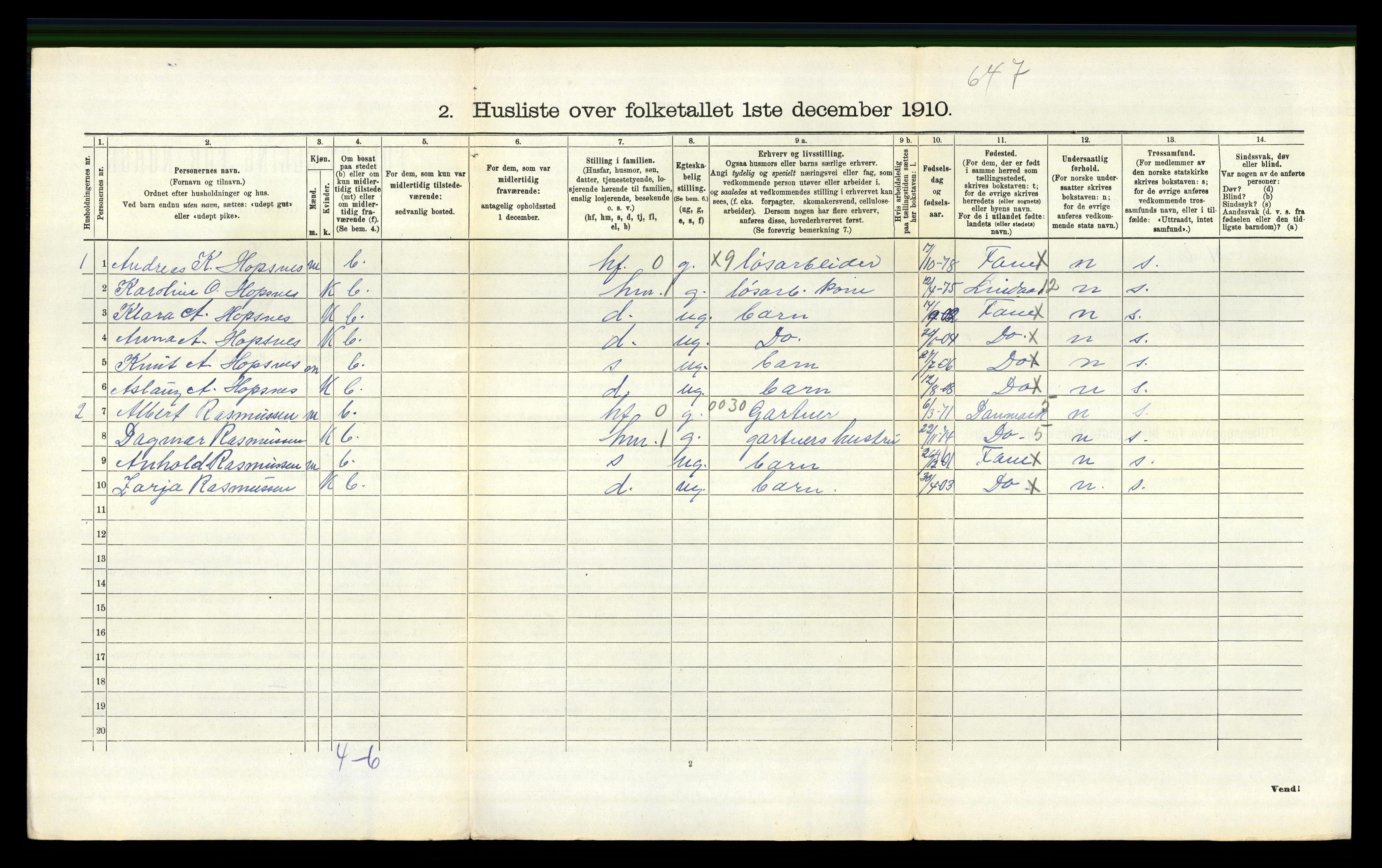 RA, 1910 census for Fana, 1910, p. 1812