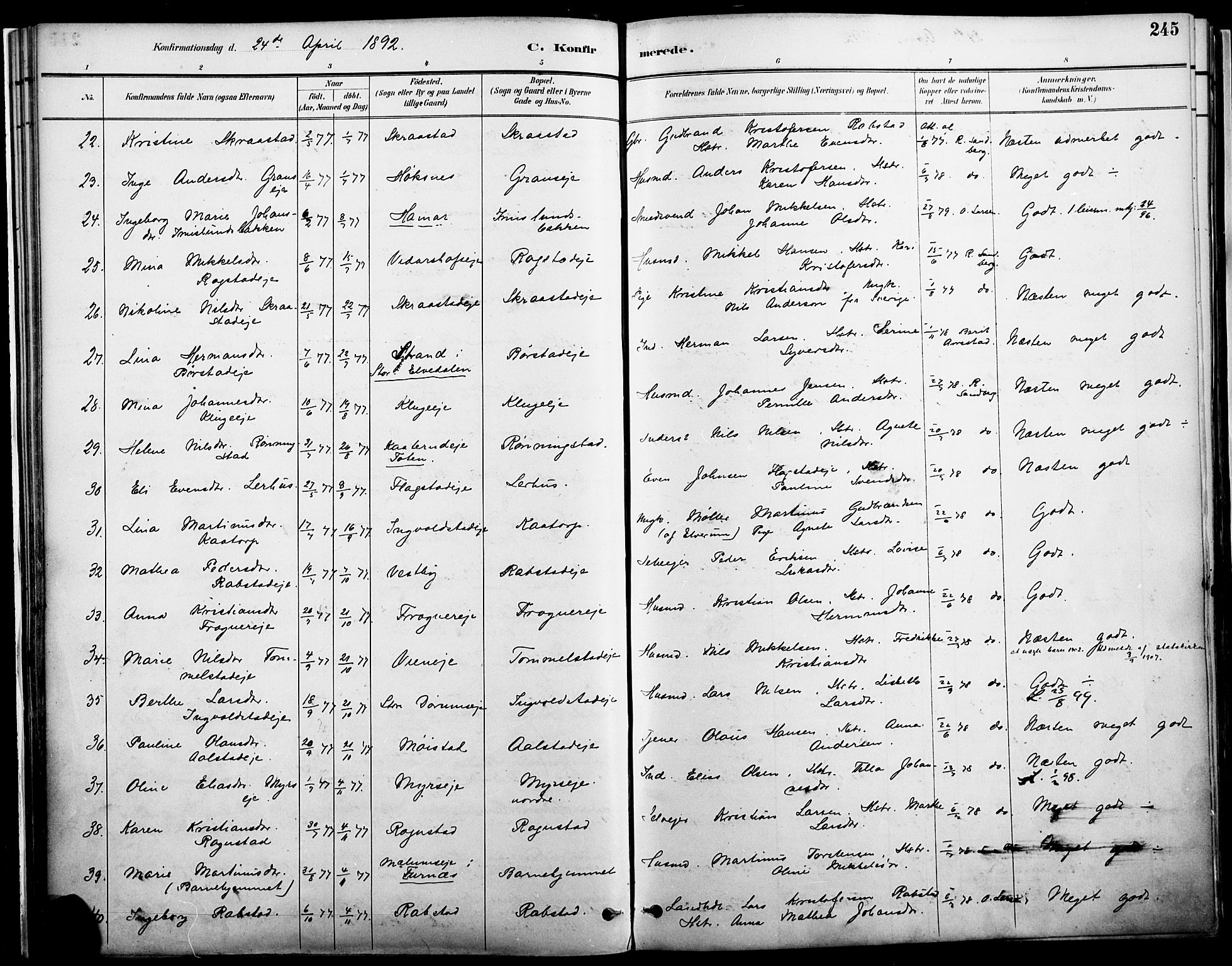 Vang prestekontor, Hedmark, AV/SAH-PREST-008/H/Ha/Haa/L0019A: Parish register (official) no. 19, 1886-1900, p. 245