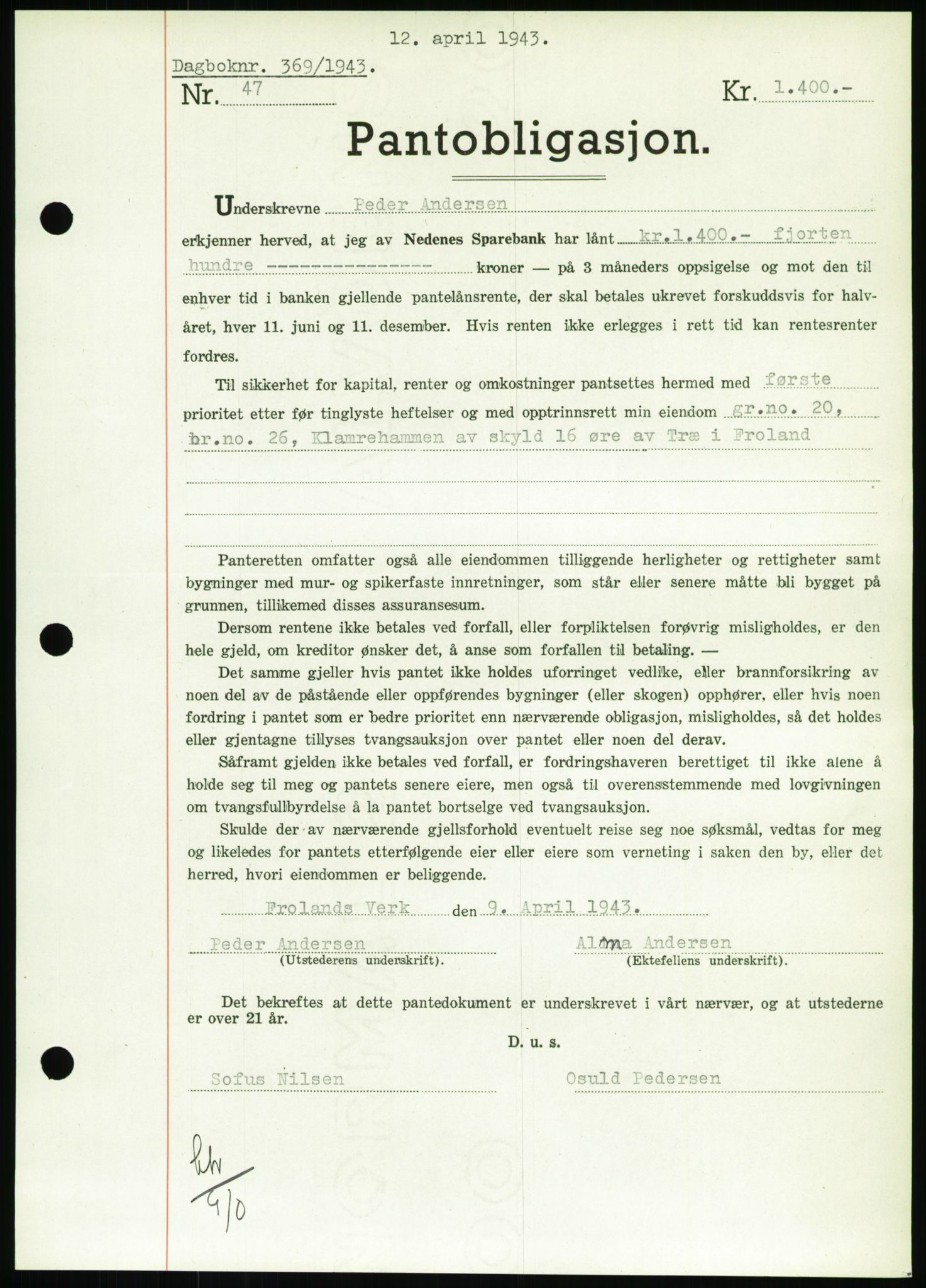 Nedenes sorenskriveri, AV/SAK-1221-0006/G/Gb/Gbb/L0002: Mortgage book no. II, 1942-1945, Diary no: : 369/1943