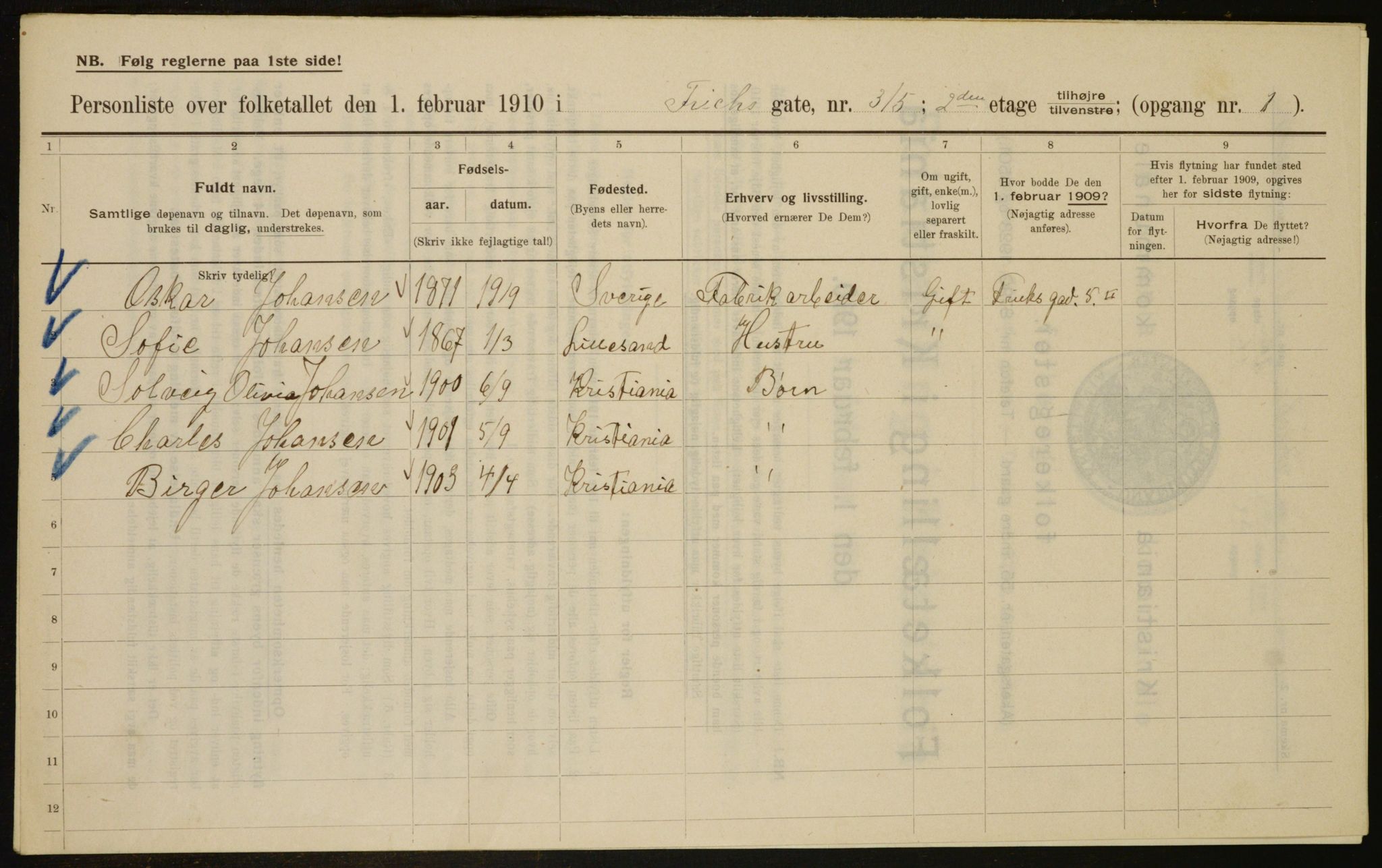 OBA, Municipal Census 1910 for Kristiania, 1910, p. 25107