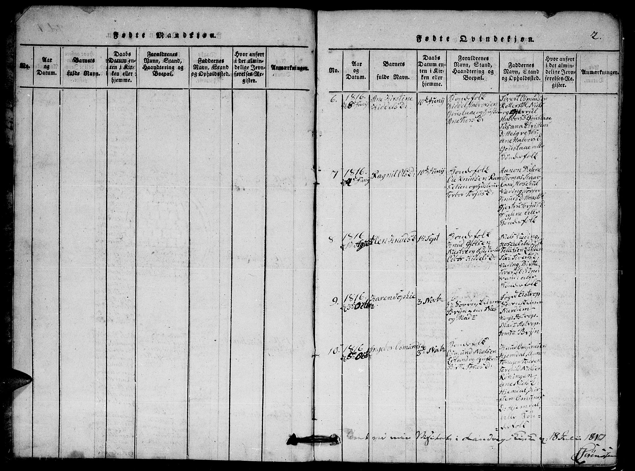 Herefoss sokneprestkontor, SAK/1111-0019/F/Fa/Faa/L0001: Parish register (official) no. A 1, 1816-1860, p. 2