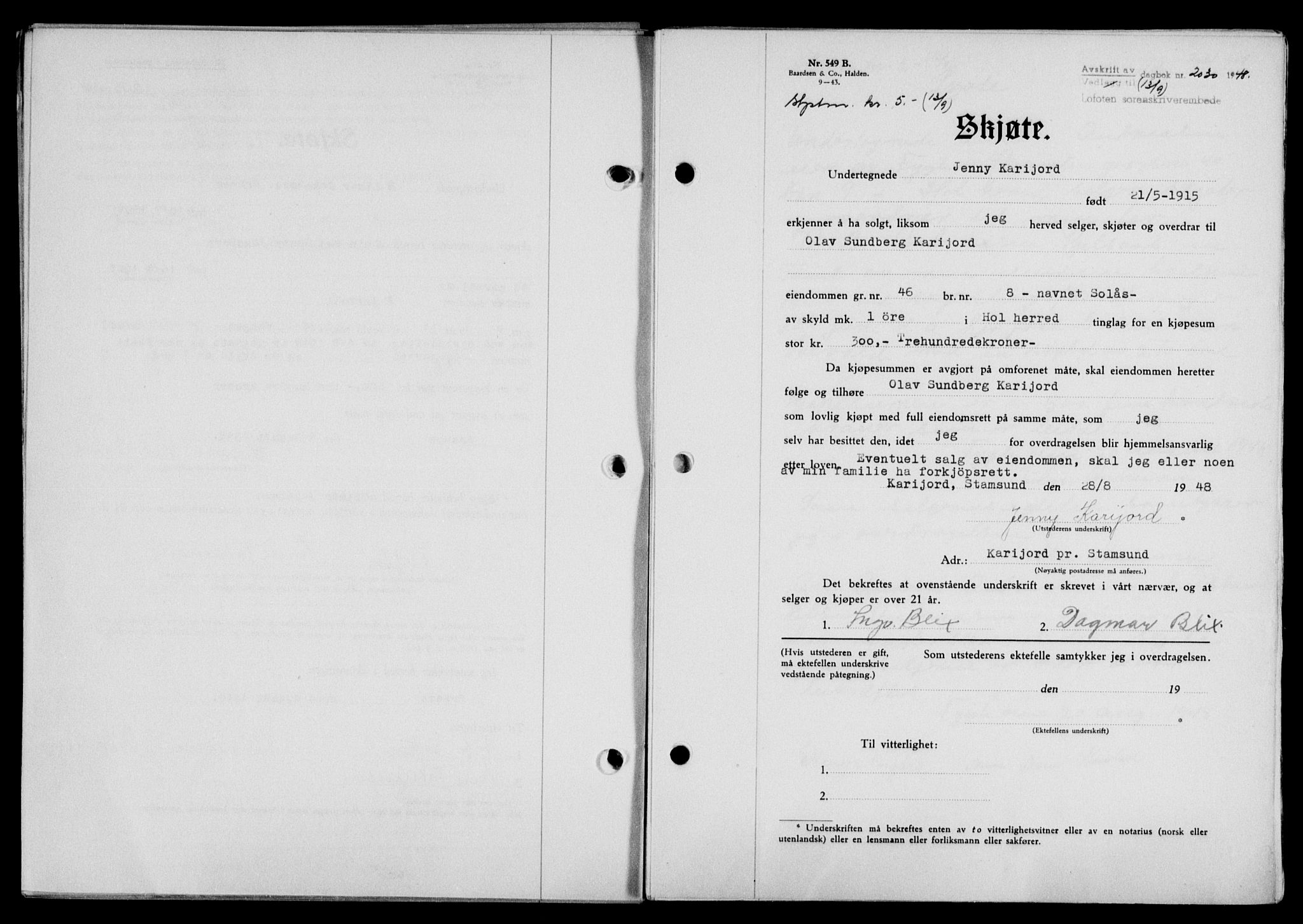 Lofoten sorenskriveri, SAT/A-0017/1/2/2C/L0019a: Mortgage book no. 19a, 1948-1948, Diary no: : 2030/1948