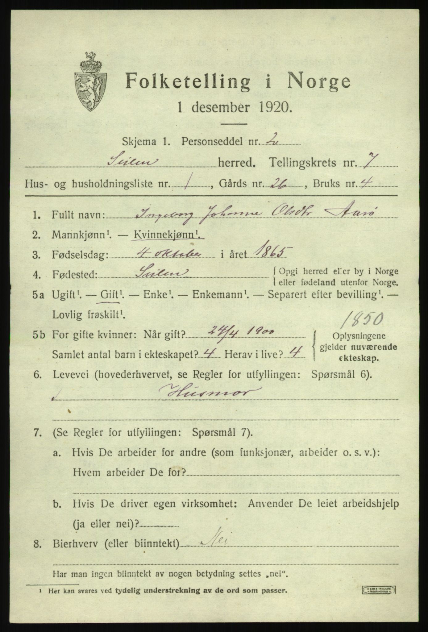 SAB, 1920 census for Solund, 1920, p. 2720