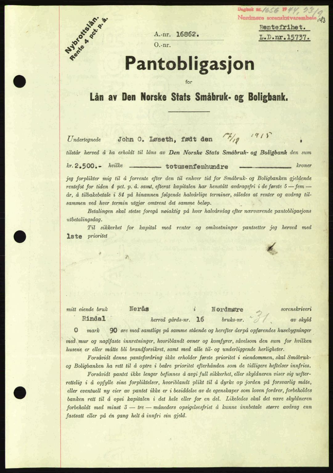 Nordmøre sorenskriveri, AV/SAT-A-4132/1/2/2Ca: Mortgage book no. B92, 1944-1945, Diary no: : 1624/1944