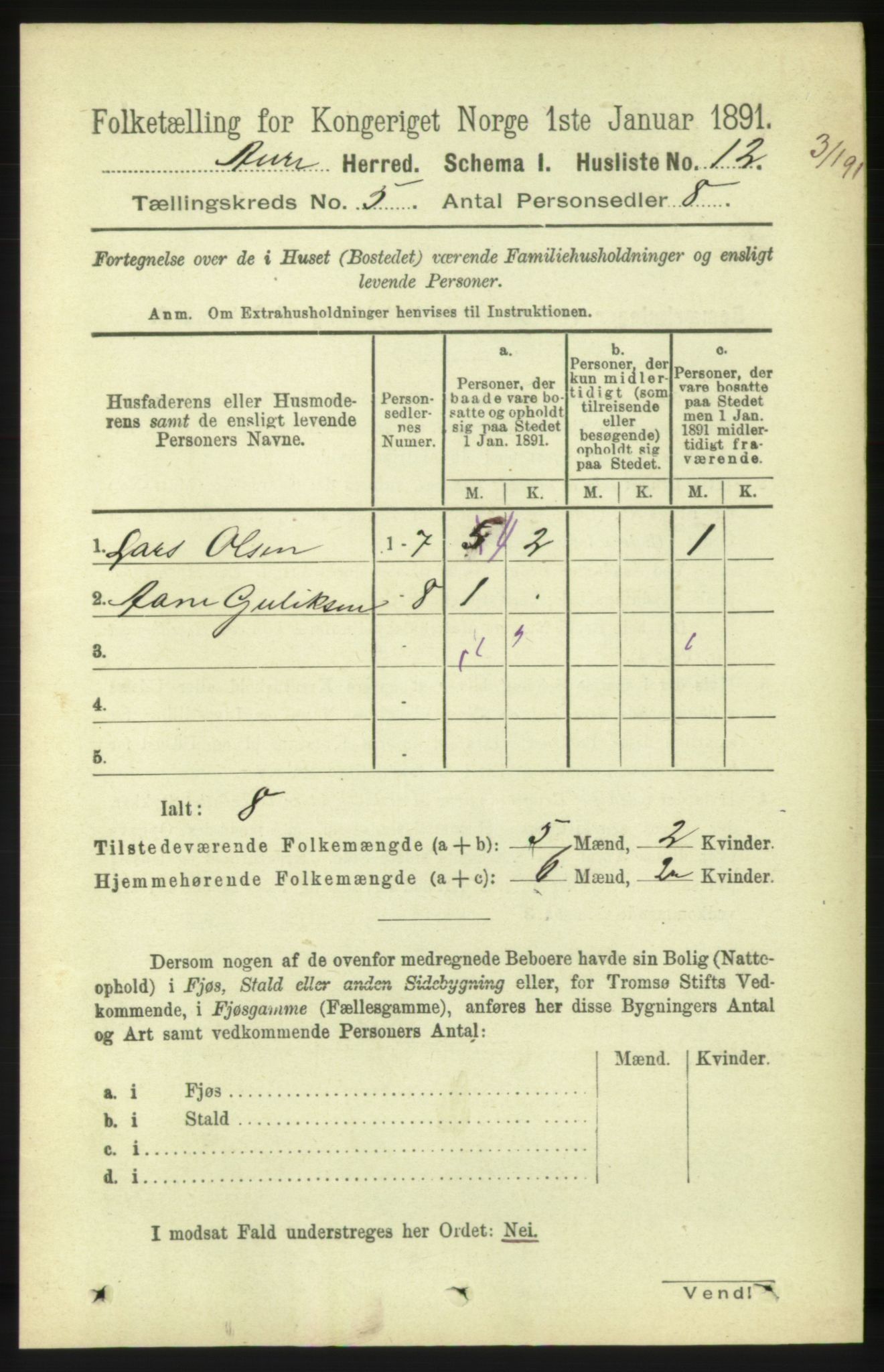 RA, 1891 census for 1569 Aure, 1891, p. 2624