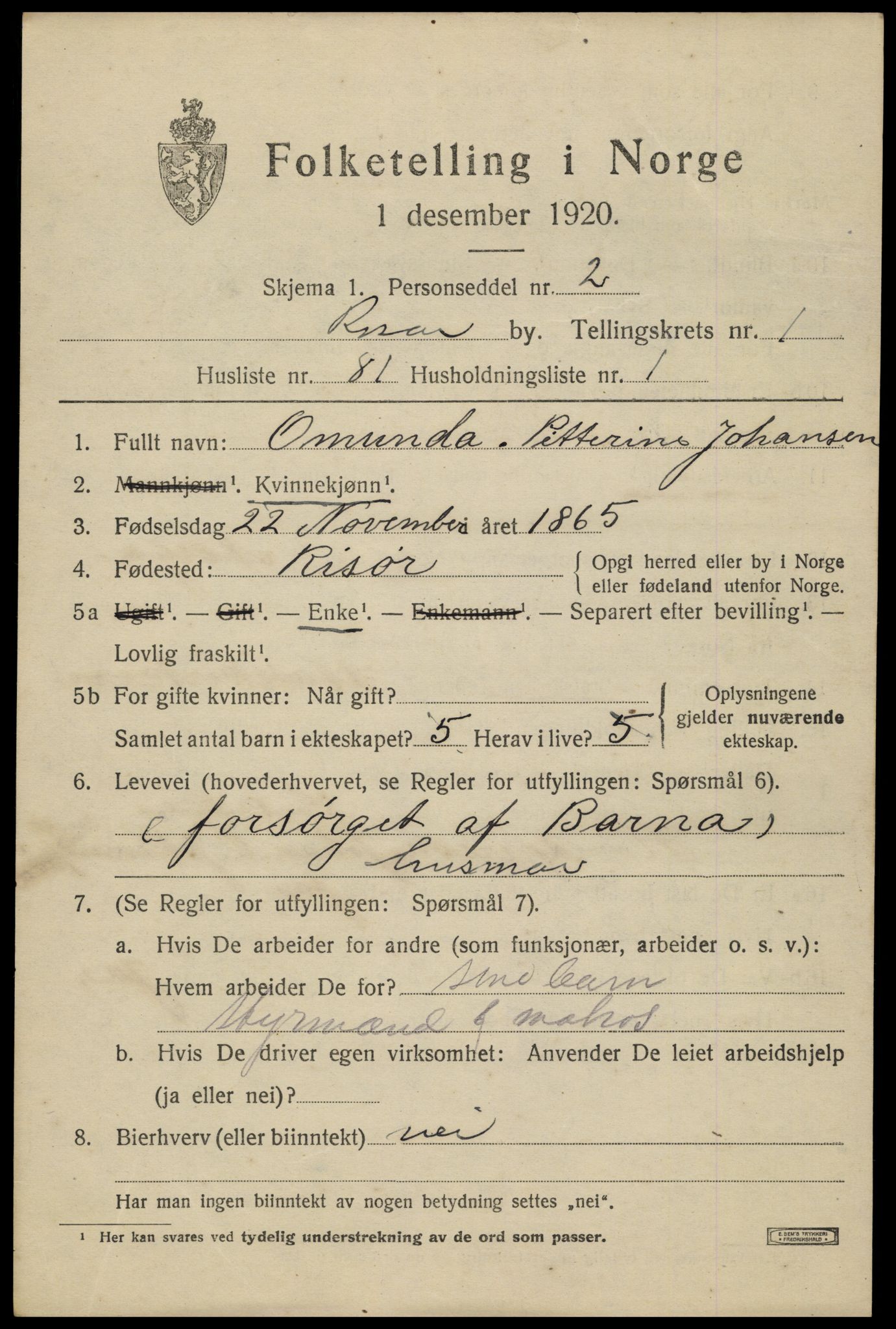 SAK, 1920 census for Risør, 1920, p. 3799