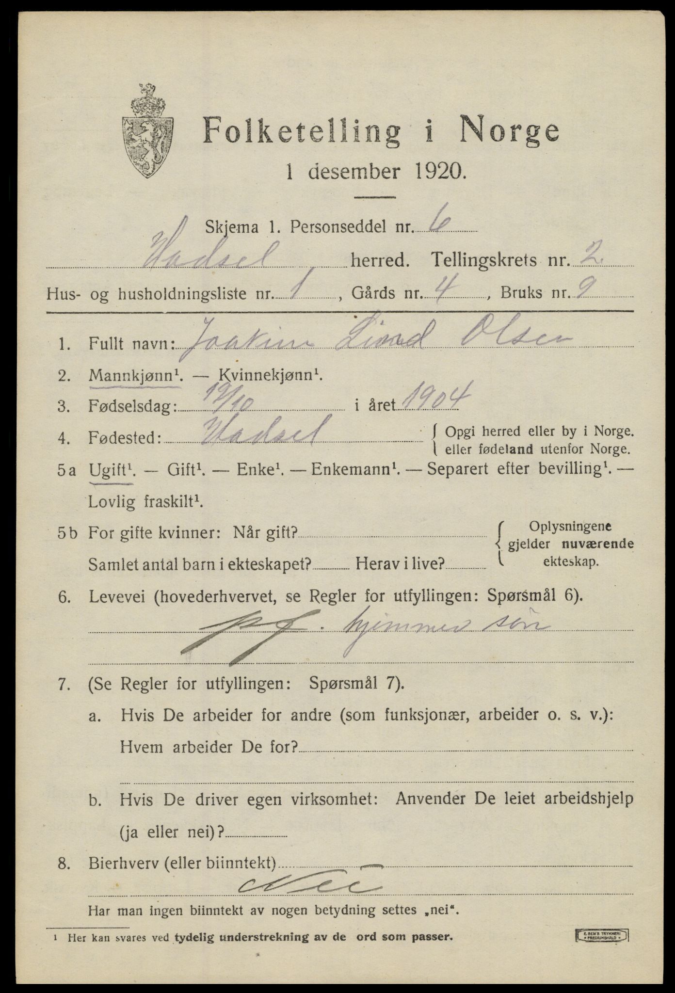 SAT, 1920 census for Hadsel, 1920, p. 3976