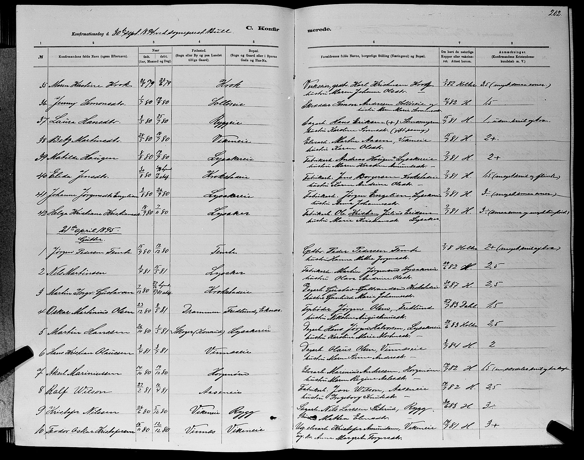 Nedre Eiker kirkebøker, AV/SAKO-A-612/G/Ga/L0002: Parish register (copy) no. 2, 1880-1896, p. 282