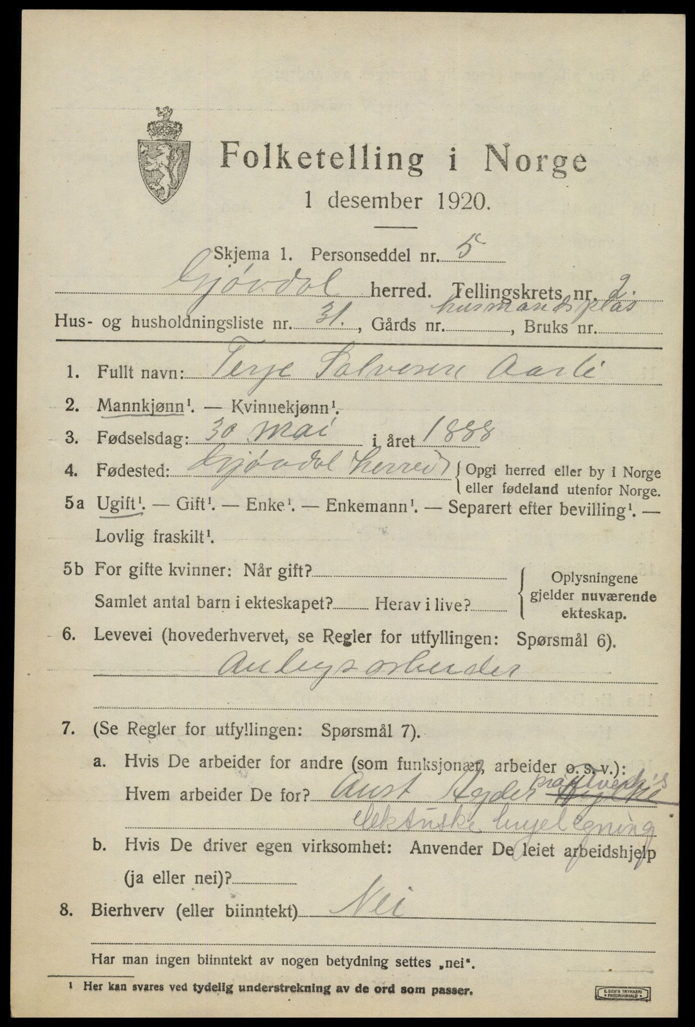 SAK, 1920 census for Gjøvdal, 1920, p. 1150