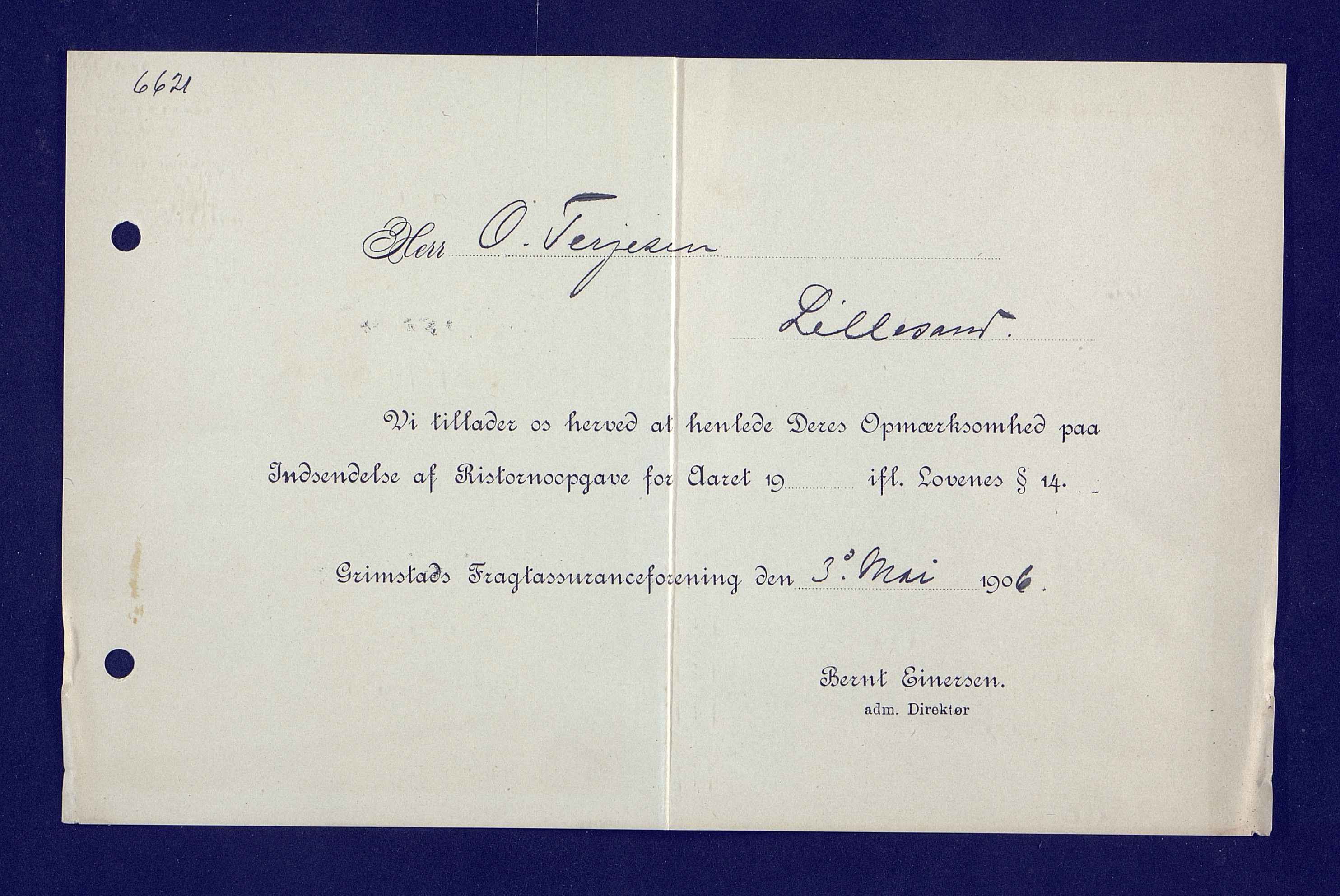 O. Terjesens rederi, AAKS/PA-2525/E/E01/L0015: Korrespondanse, 1906