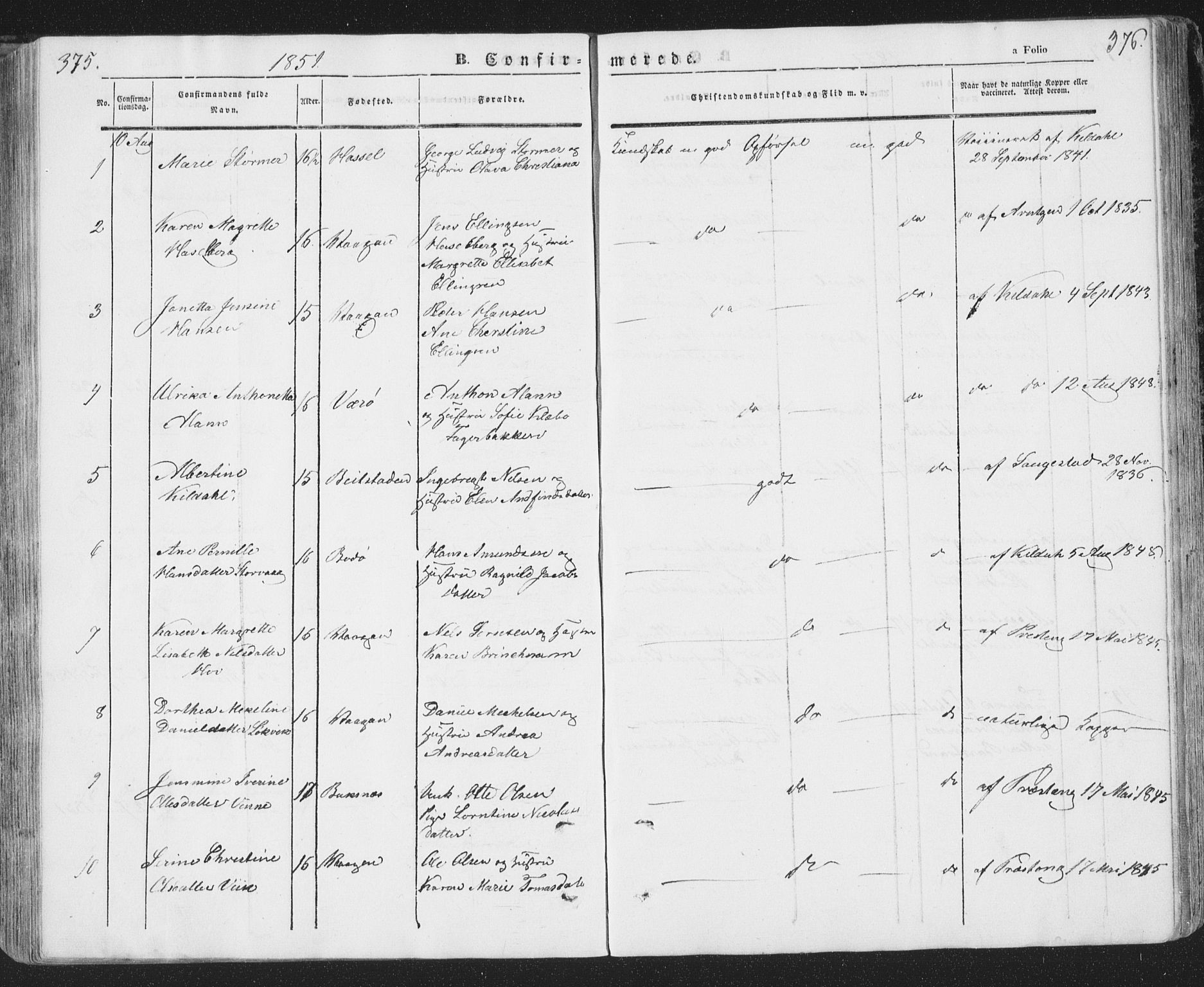 Ministerialprotokoller, klokkerbøker og fødselsregistre - Nordland, SAT/A-1459/874/L1072: Parish register (copy) no. 874C01, 1843-1859, p. 375-376
