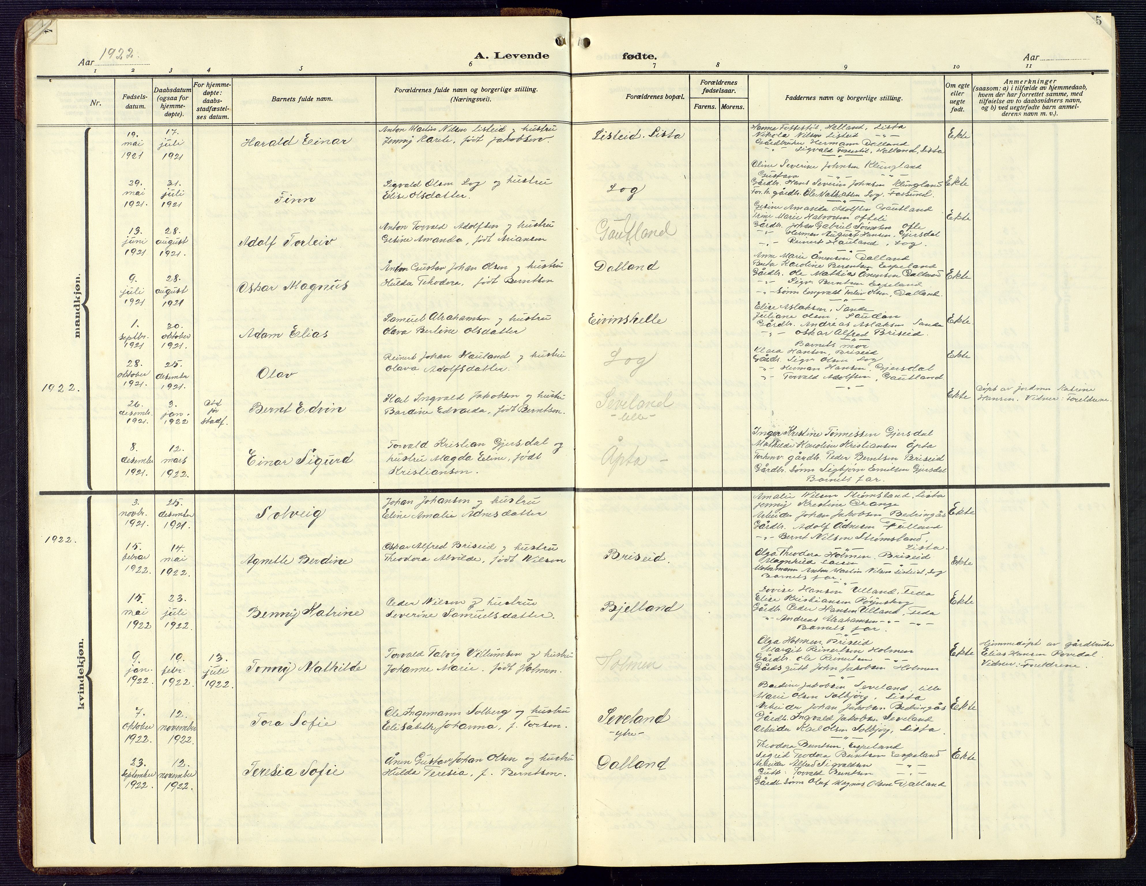 Herad sokneprestkontor, AV/SAK-1111-0018/F/Fb/Fba/L0006: Parish register (copy) no. B 6, 1921-1959, p. 5