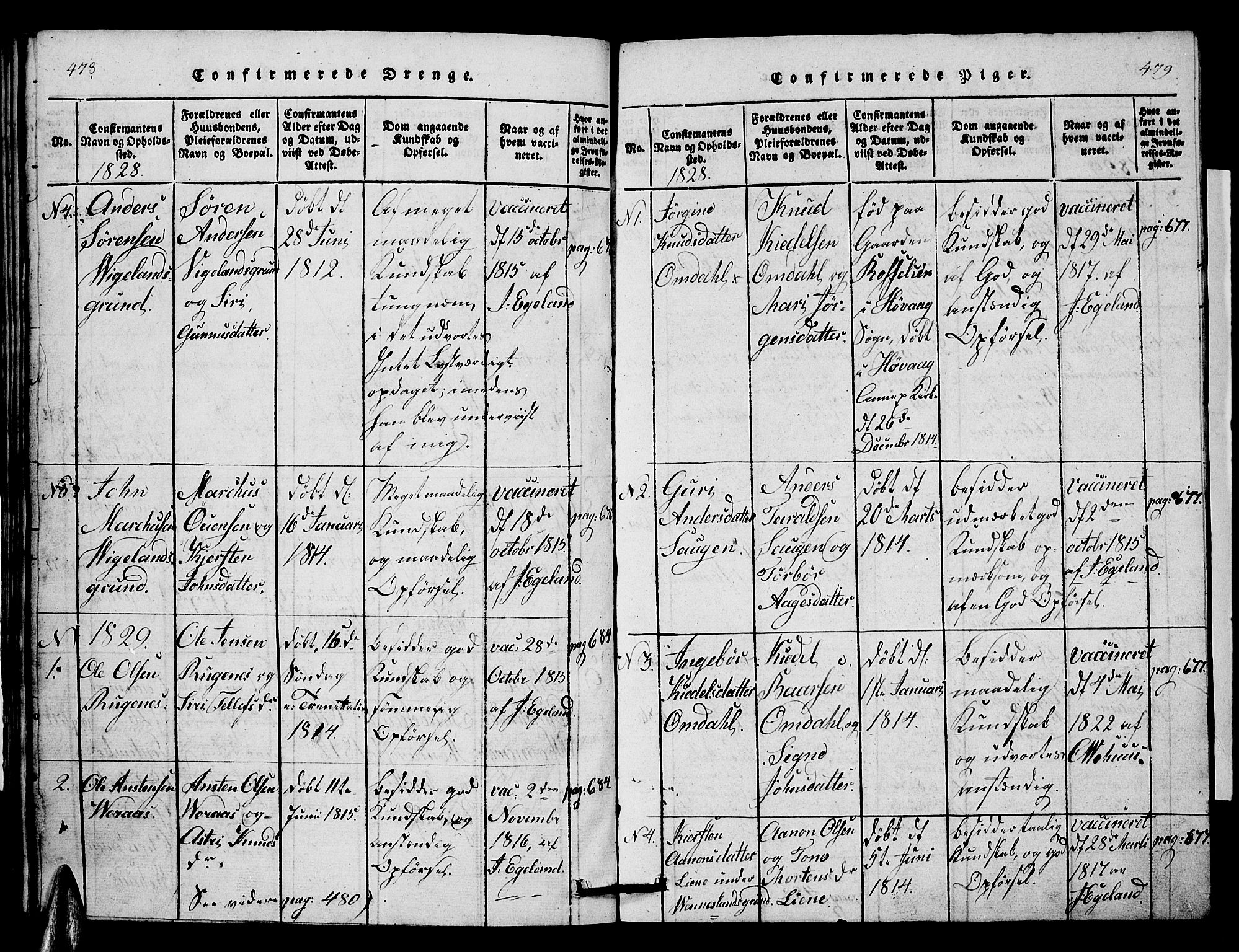 Vennesla sokneprestkontor, AV/SAK-1111-0045/Fb/Fbb/L0001: Parish register (copy) no. B 1, 1820-1834, p. 478-479