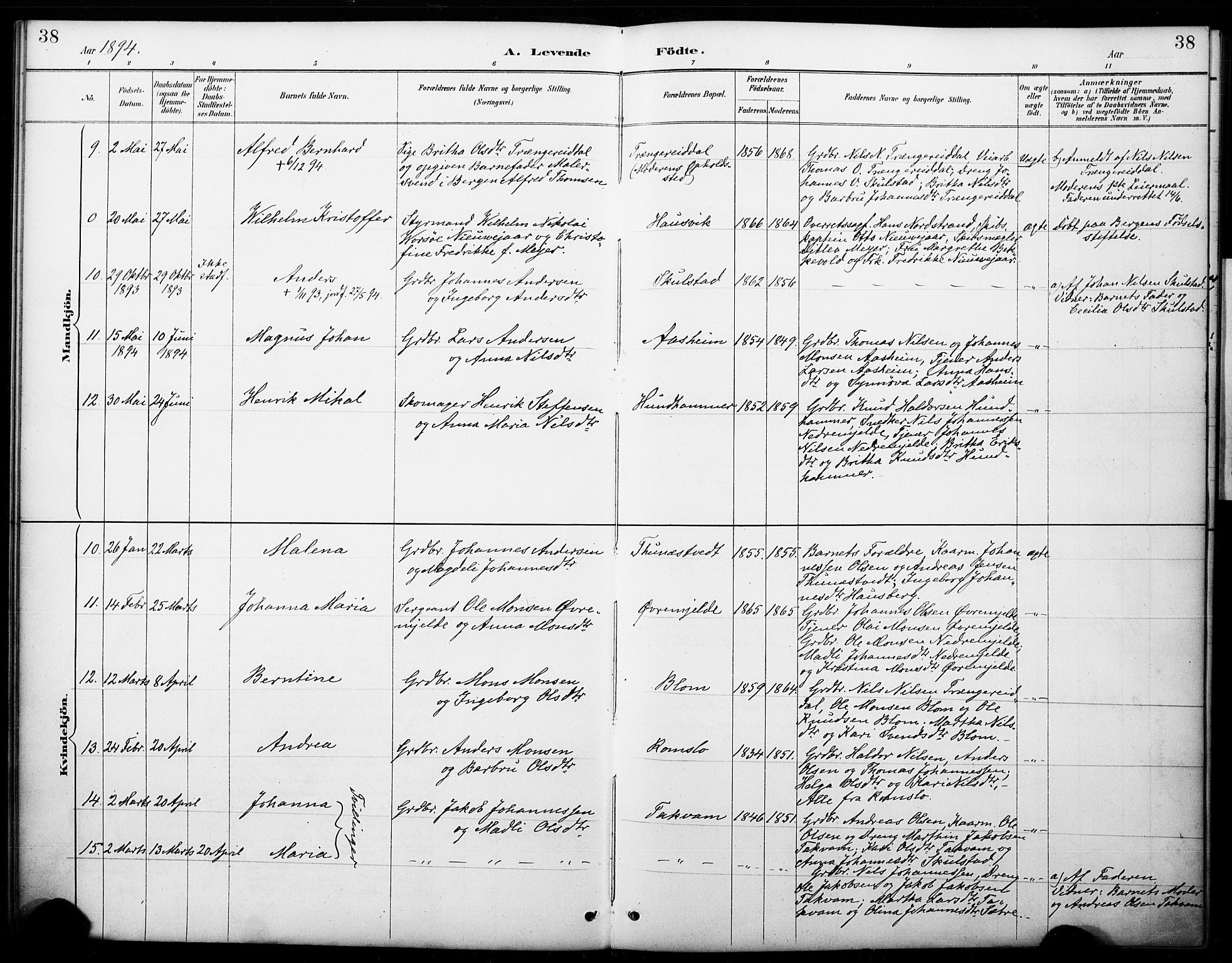 Haus sokneprestembete, AV/SAB-A-75601/H/Haa: Parish register (official) no. B 1, 1887-1898, p. 38