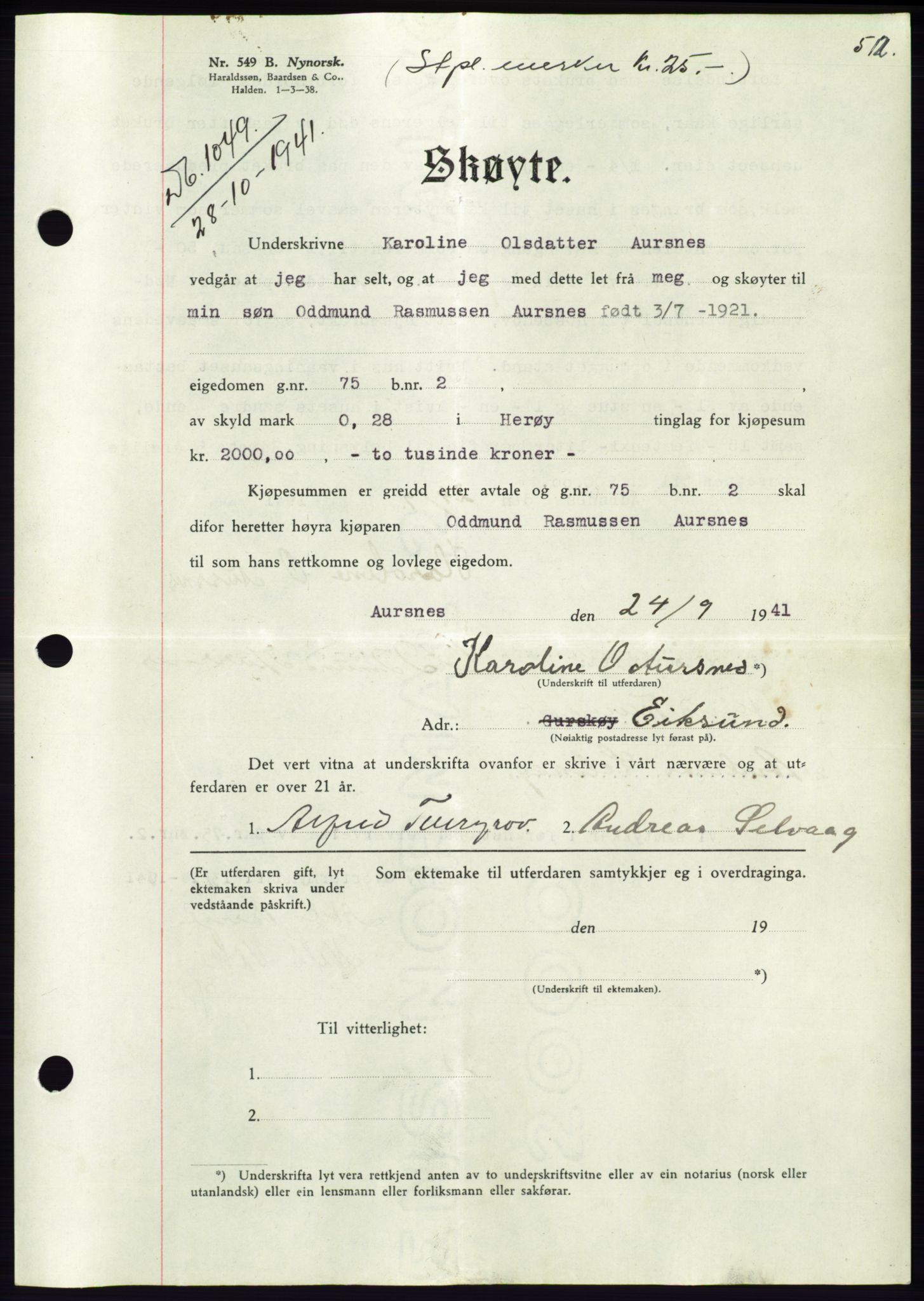 Søre Sunnmøre sorenskriveri, AV/SAT-A-4122/1/2/2C/L0071: Mortgage book no. 65, 1941-1941, Diary no: : 1049/1941