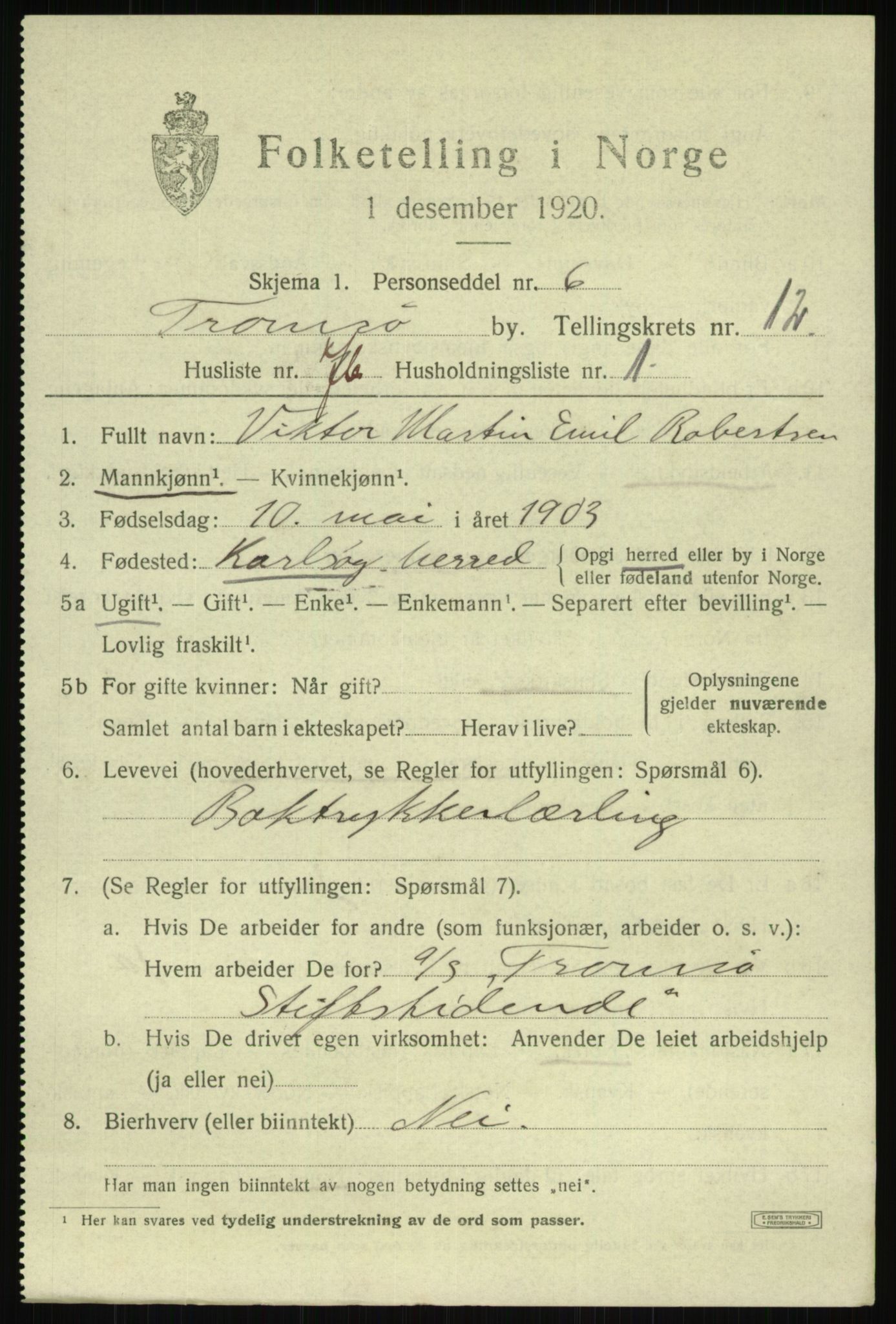 SATØ, 1920 census for Tromsø, 1920, p. 24706