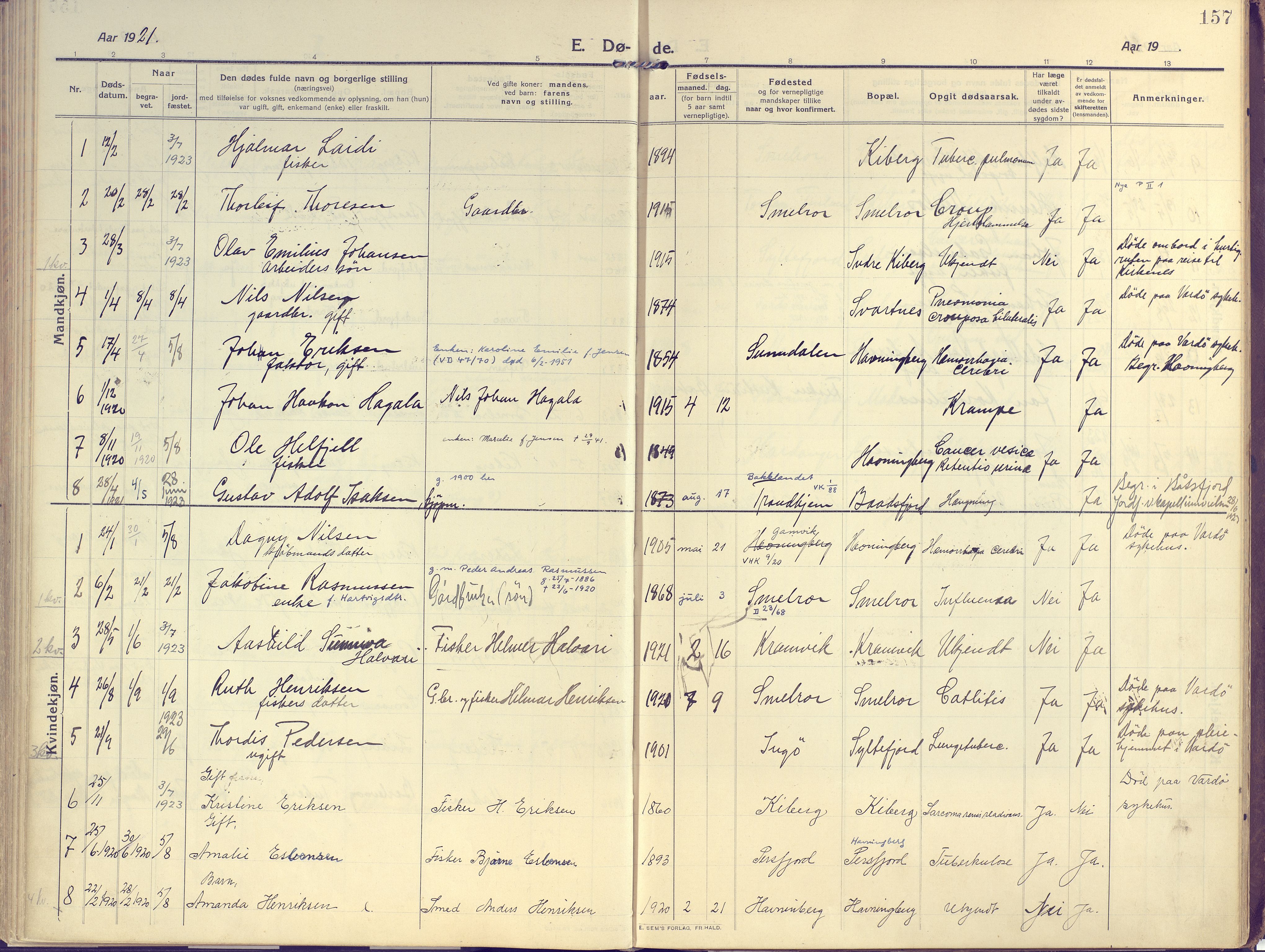 Vardø sokneprestkontor, SATØ/S-1332/H/Ha/L0013kirke: Parish register (official) no. 13, 1912-1928, p. 157
